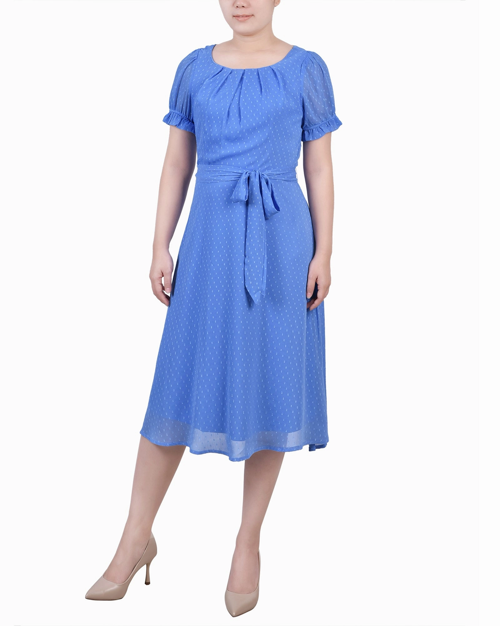 Light and breezy summer dress Blue Sky Petite Short Sleeve Belted Swiss Dot Dress