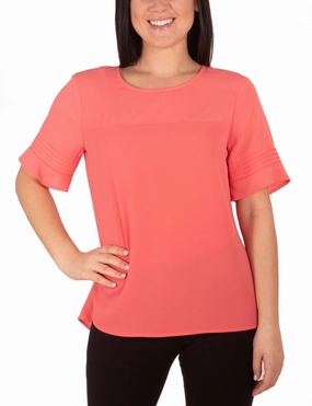 Antimicrobial Treatment Petite Short Sleeve Dobby And Crepe Blouse