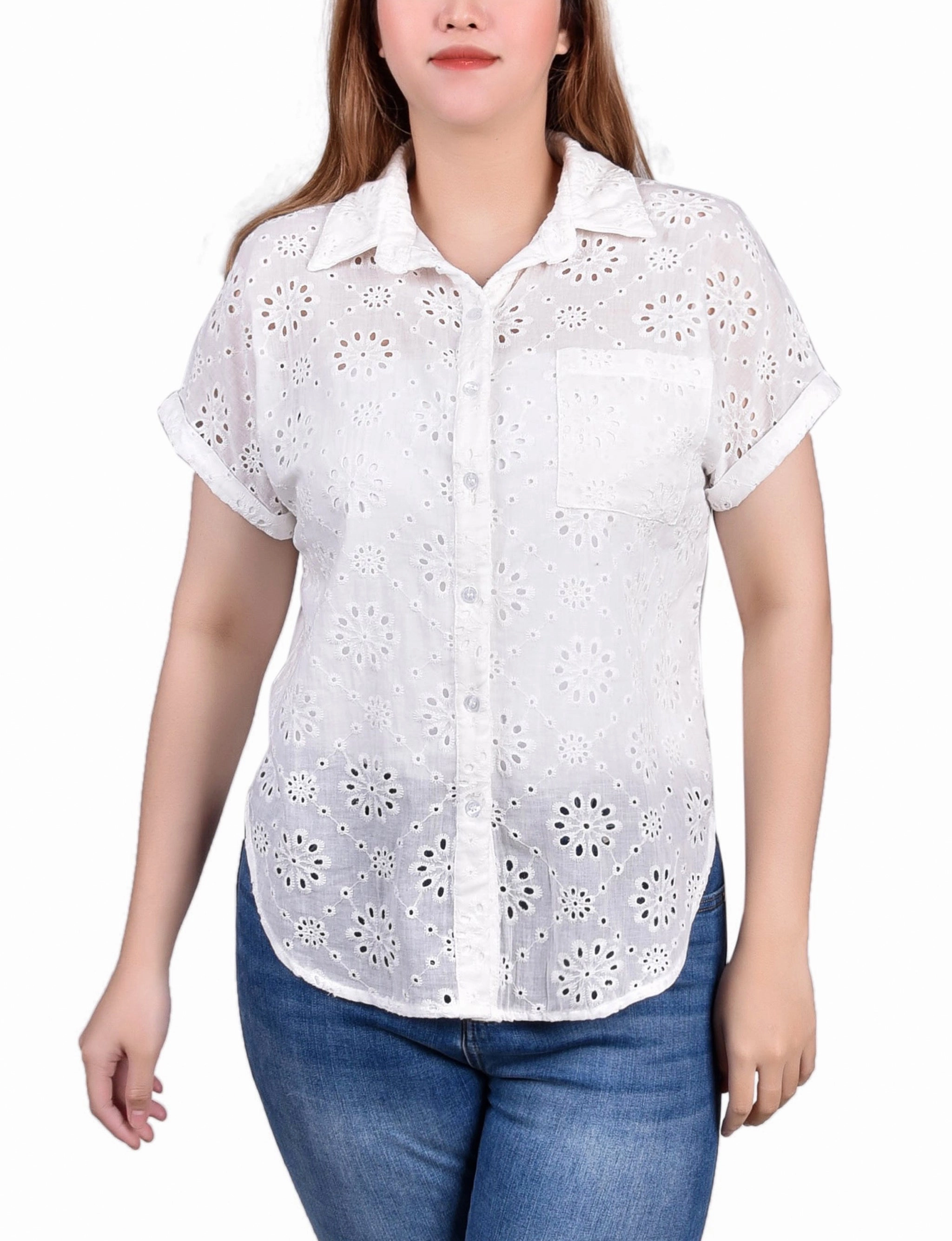 FoldableFeature Curved Hem Petite Short Sleeve Eyelet/Jersey Blouse