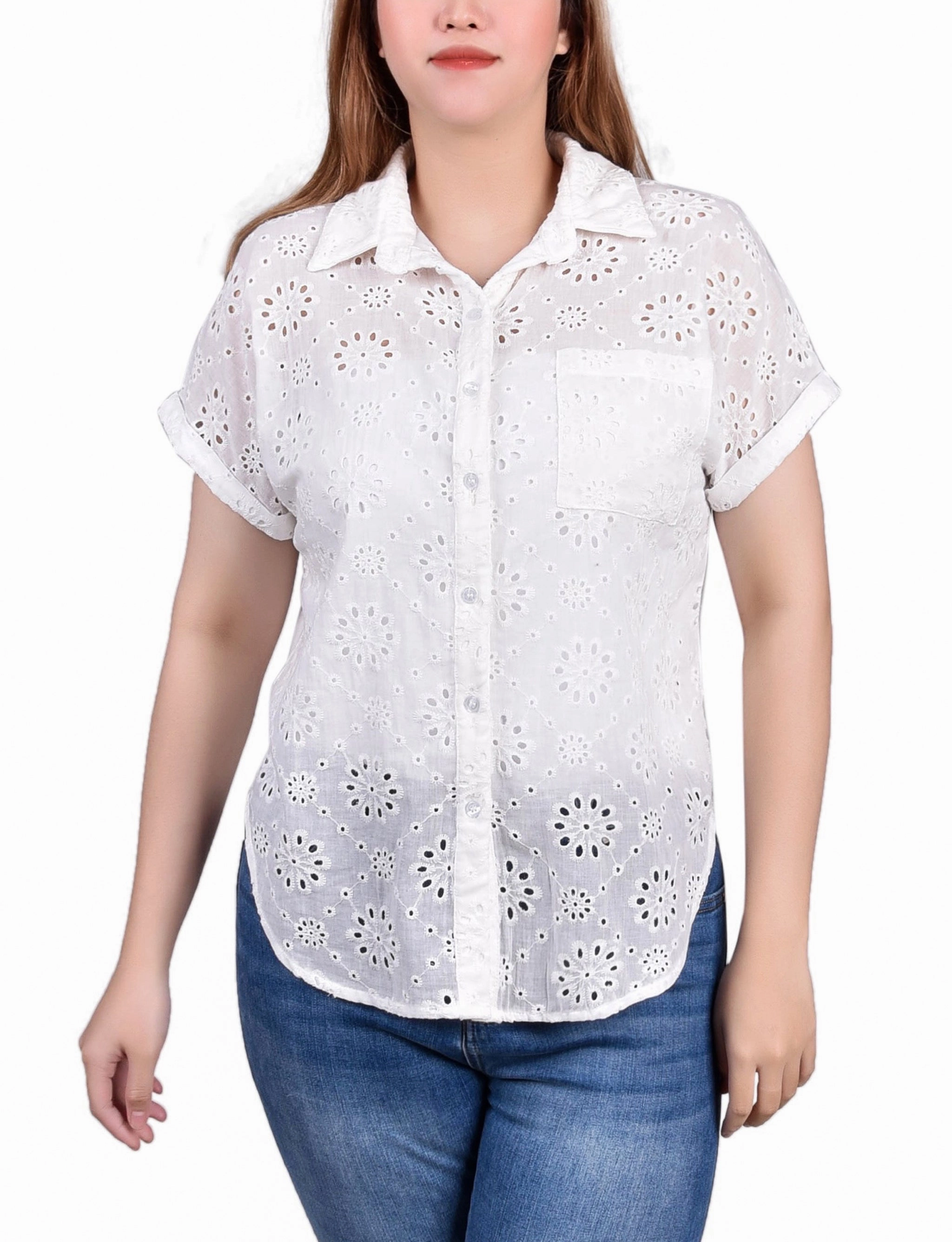 Petite Short Sleeve Eyelet/Jersey Blouse QuickDry Anti Static Treatment