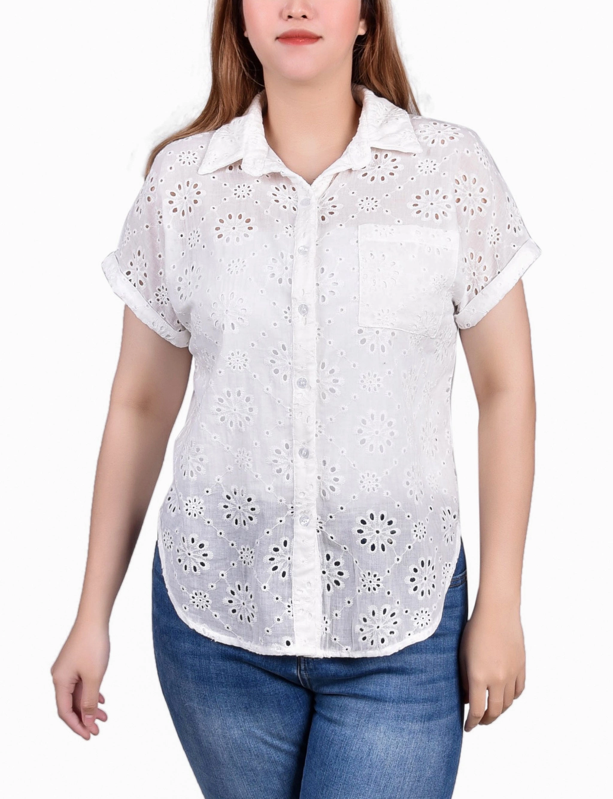 Active Look Petite Short Sleeve Eyelet/Jersey Blouse