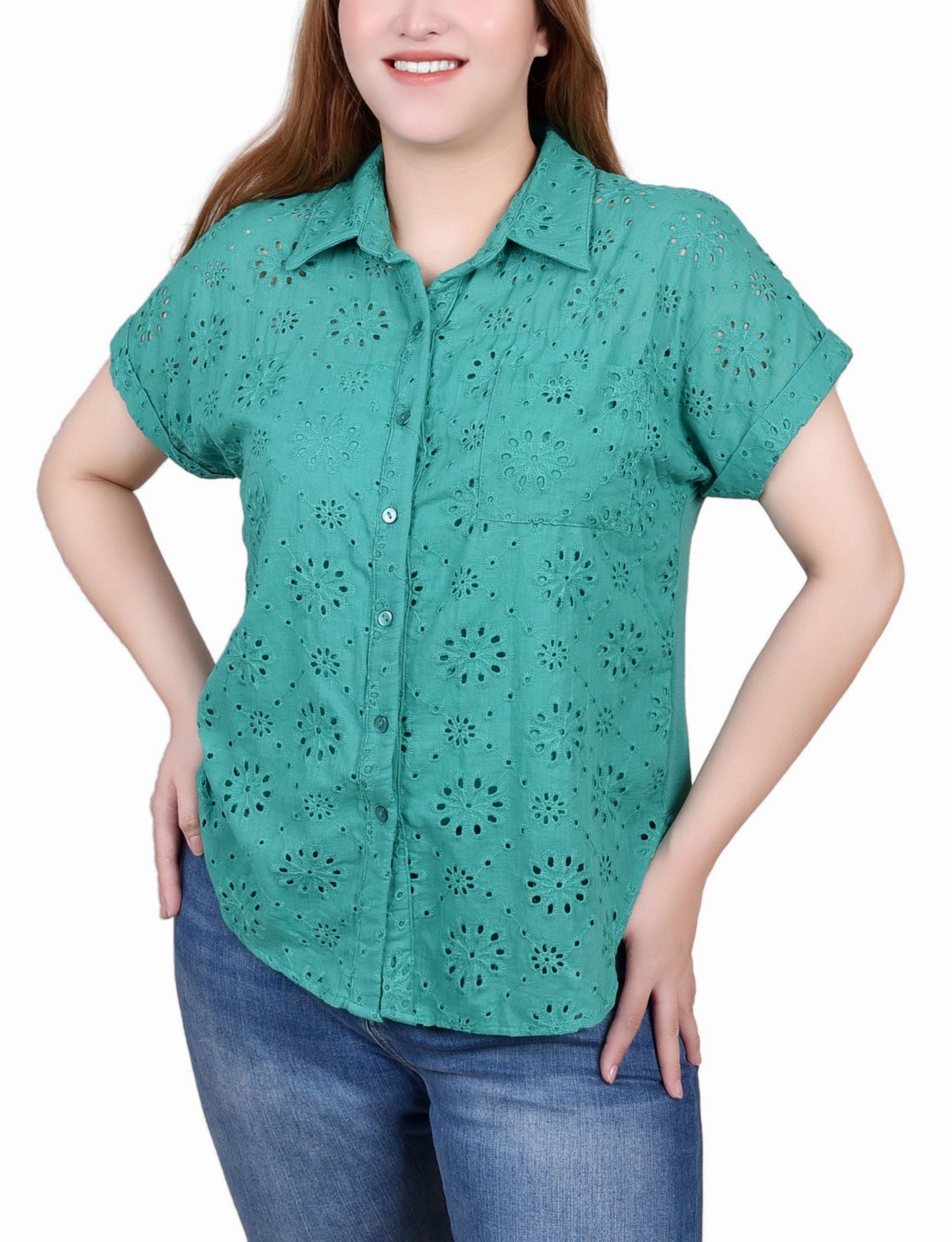 Petite Short Sleeve Eyelet/Jersey Blouse UltraSoft Lining
