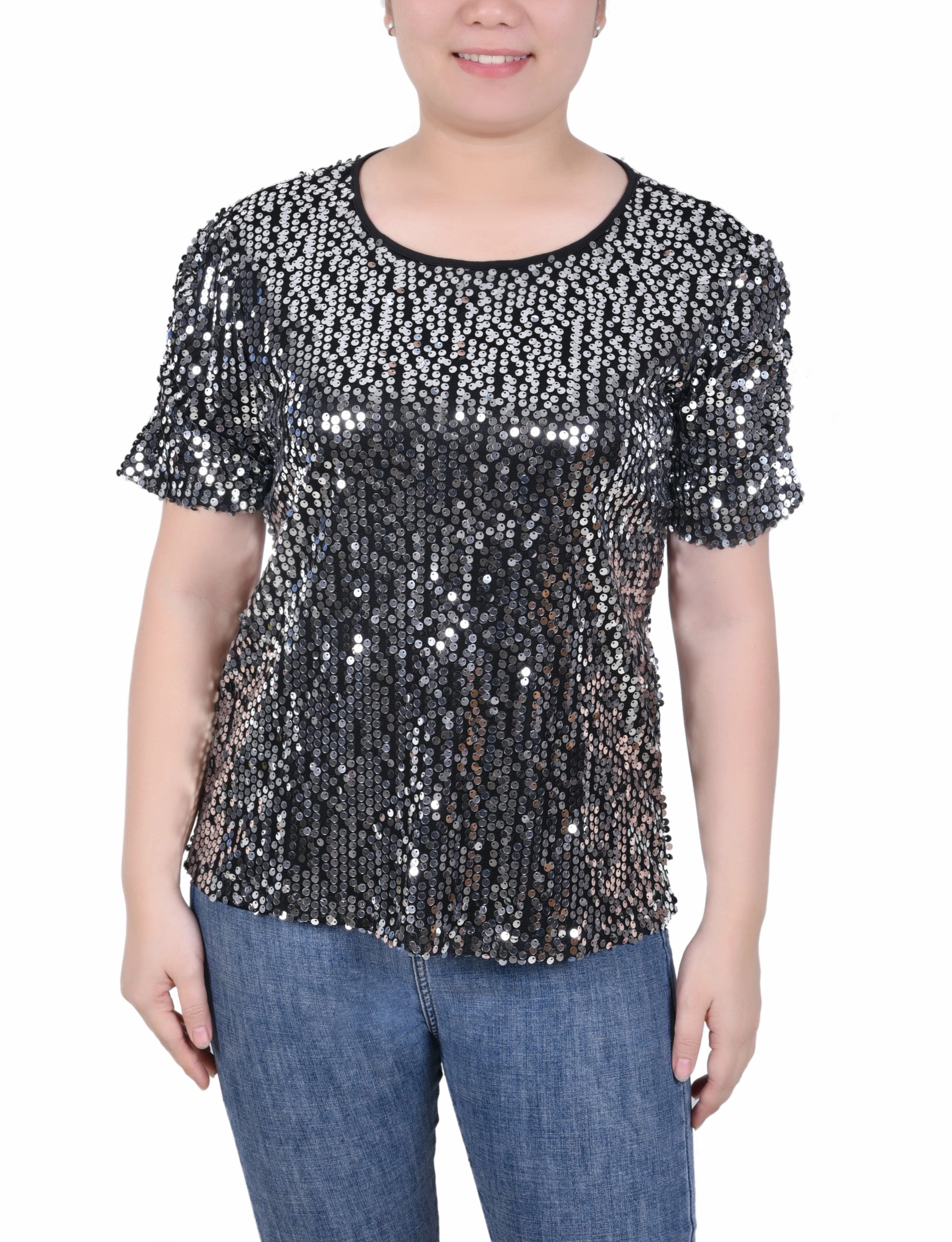 UVProtectionCoating Petite Short Sleeve Sequined Top
