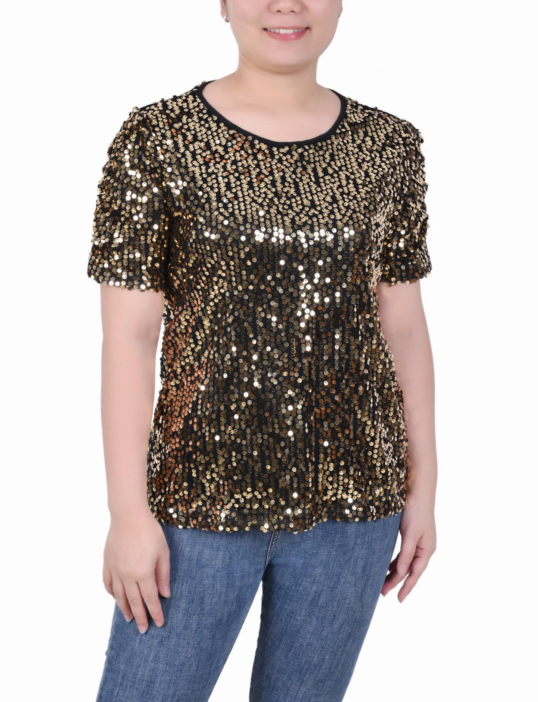 Stretch Knit Material Petite Short Sleeve Sequined Top
