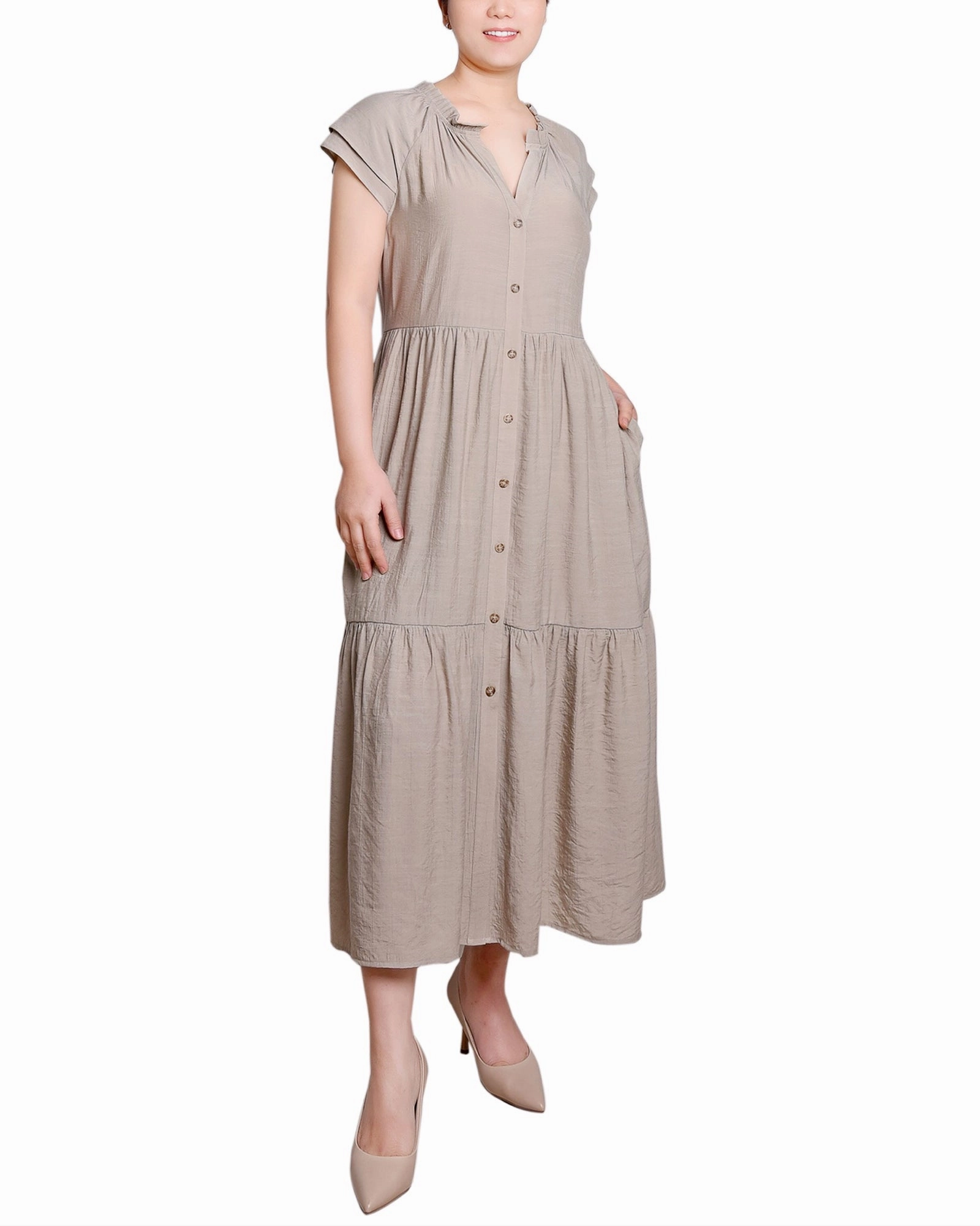 Layered Fabric Floral-Pattern Petite Short Sleeve Slubbed Midi Dress