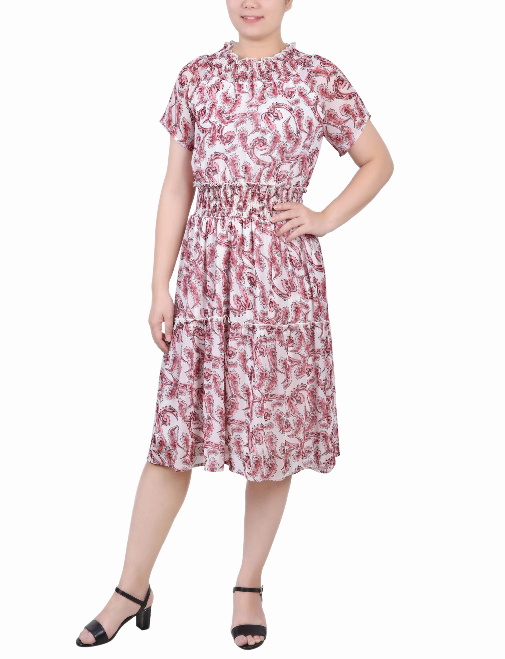 Cocktail-Party Lower Hem Petite Short Sleeve Smocked Waist Dress
