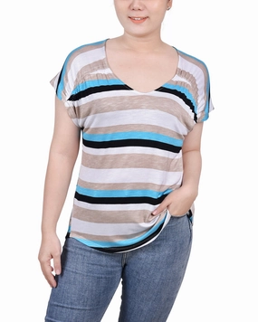 Petite Short Sleeve Striped V Neck Top LaserCut Edges