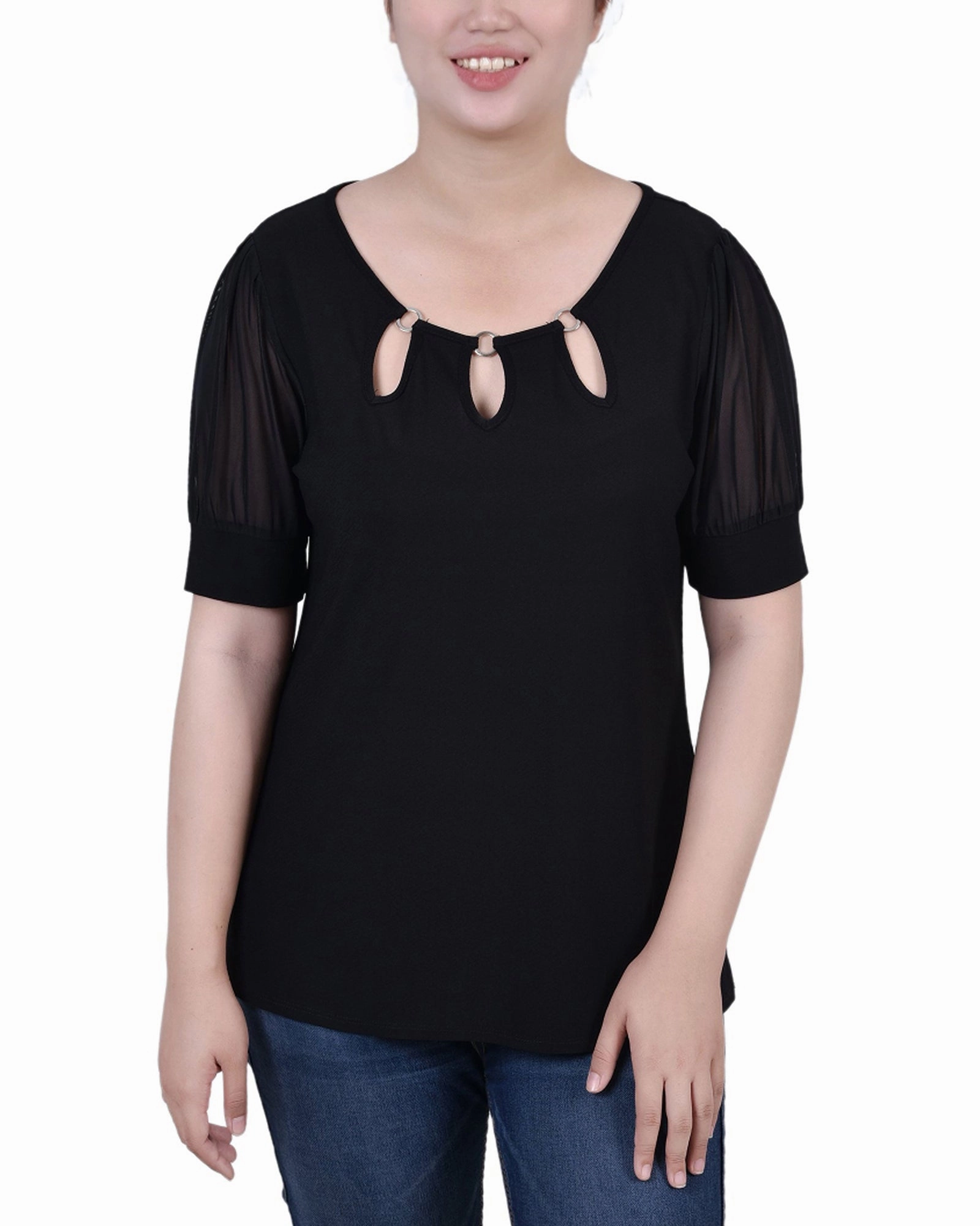 Biodegradable material Petite Short Sleeve Three-Ring Top