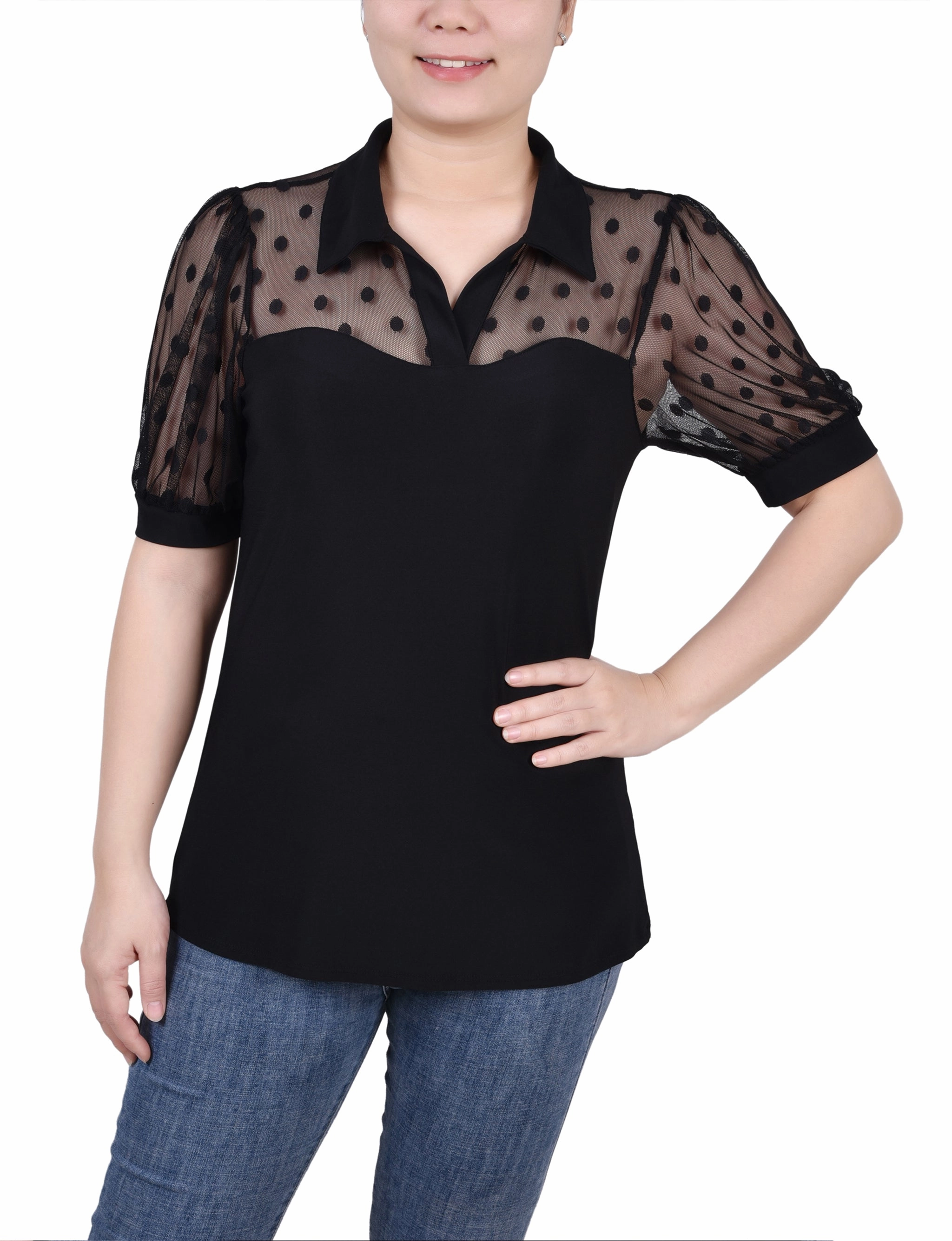 Petite Short Sleeve Top With Dotted Mesh Sandwich Mesh Panel Structure