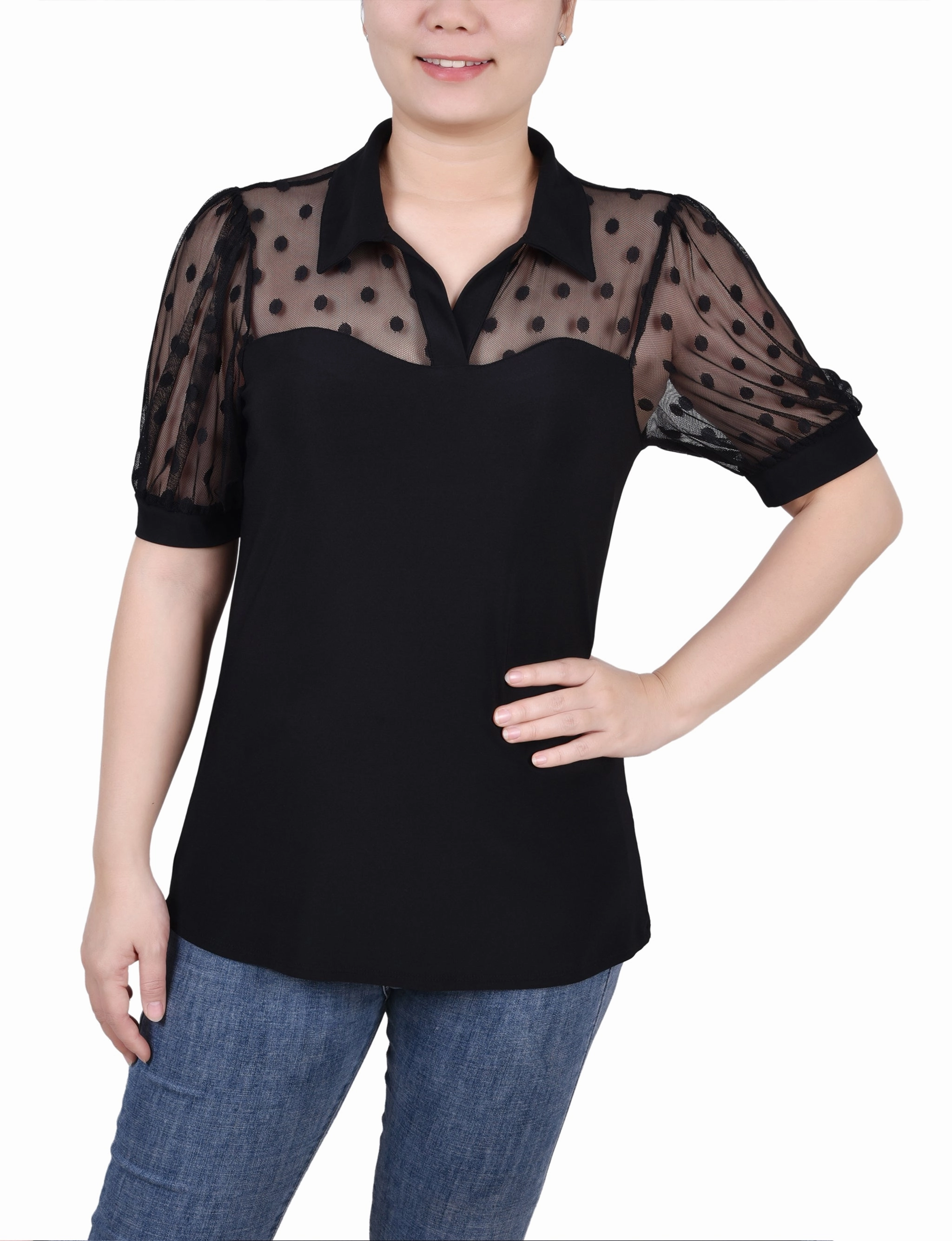 Reinforced Neckline Petite Short Sleeve Top With Dotted Mesh