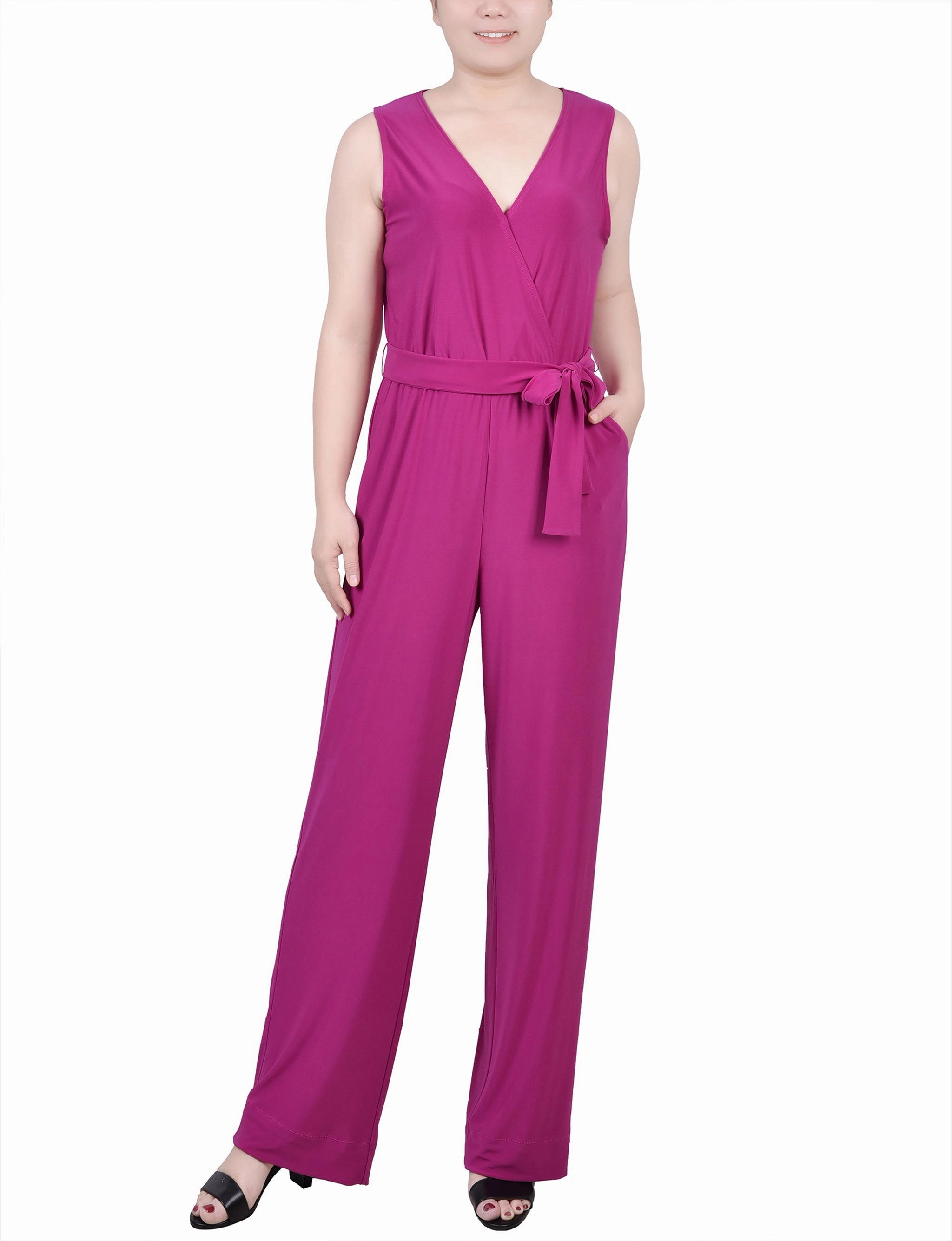 LowCarbon Footprint Textile Wrinkle Resistant Finish Petite Sleeveless Belted Jumpsuit