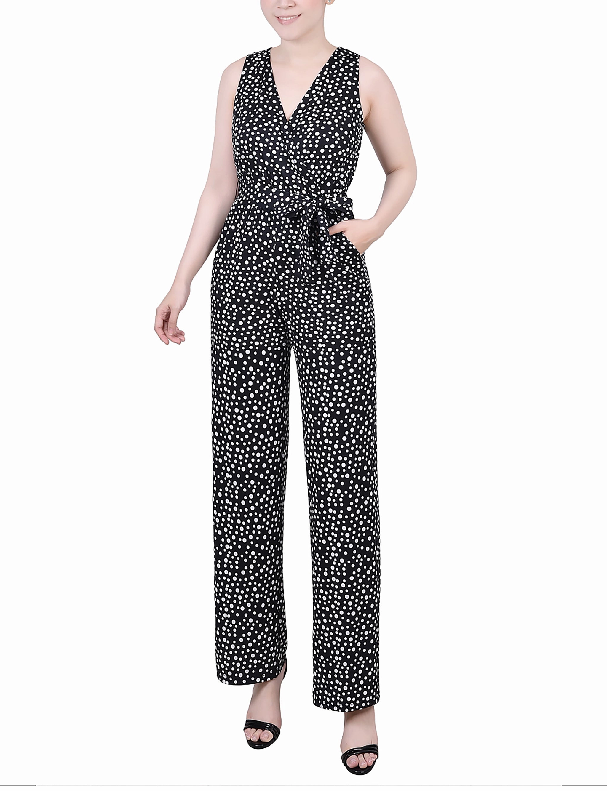 Fall Comfort Petite Sleeveless Belted Jumpsuit