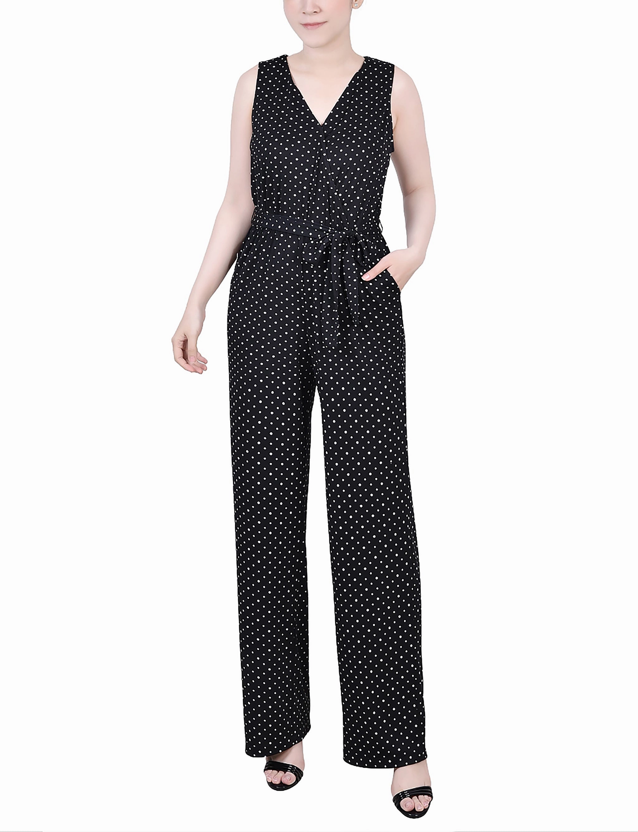 Travel Outfit Petite Sleeveless Belted Jumpsuit