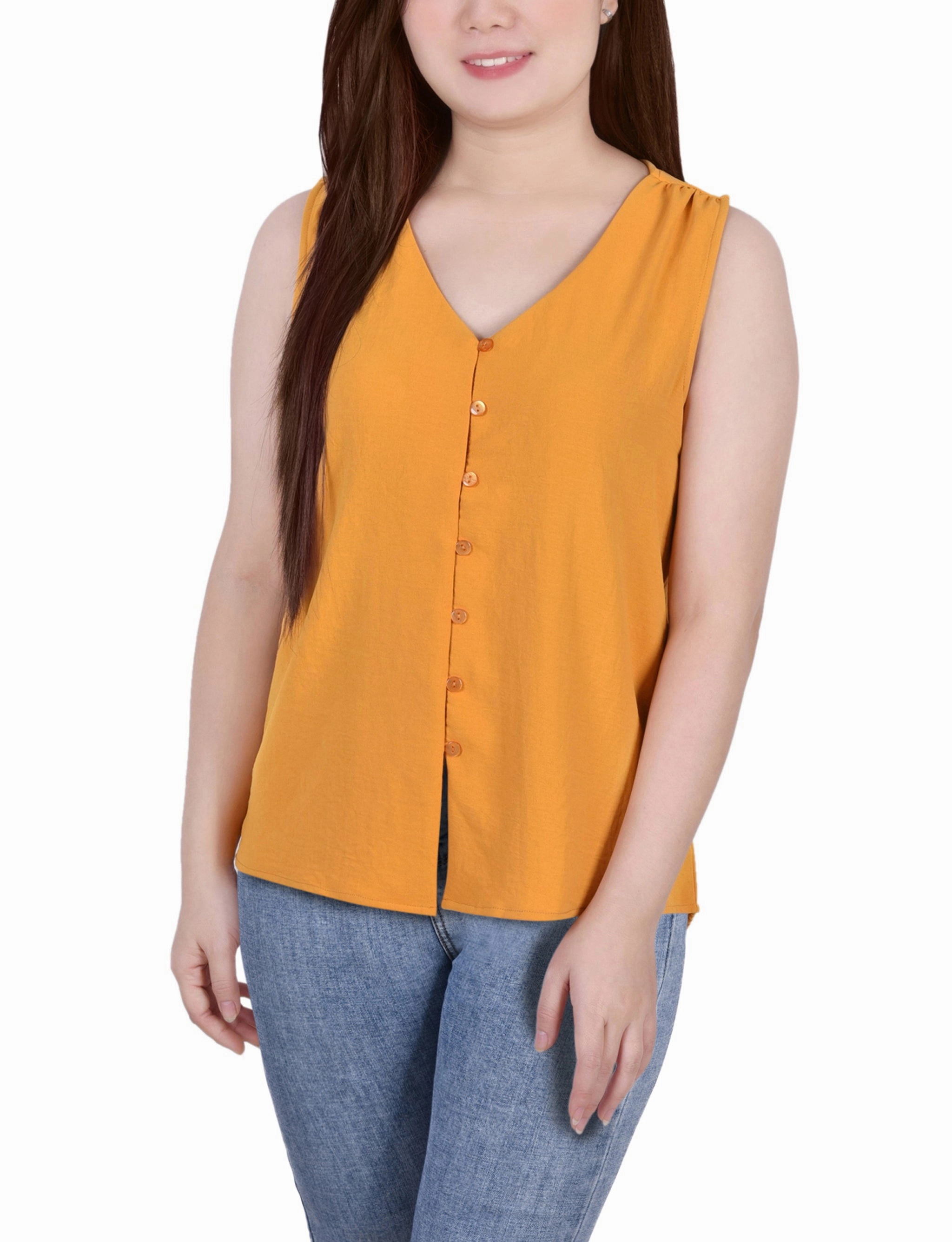 Petite Sleeveless Button Front Blouse UVProtectionCoating SlubTexture