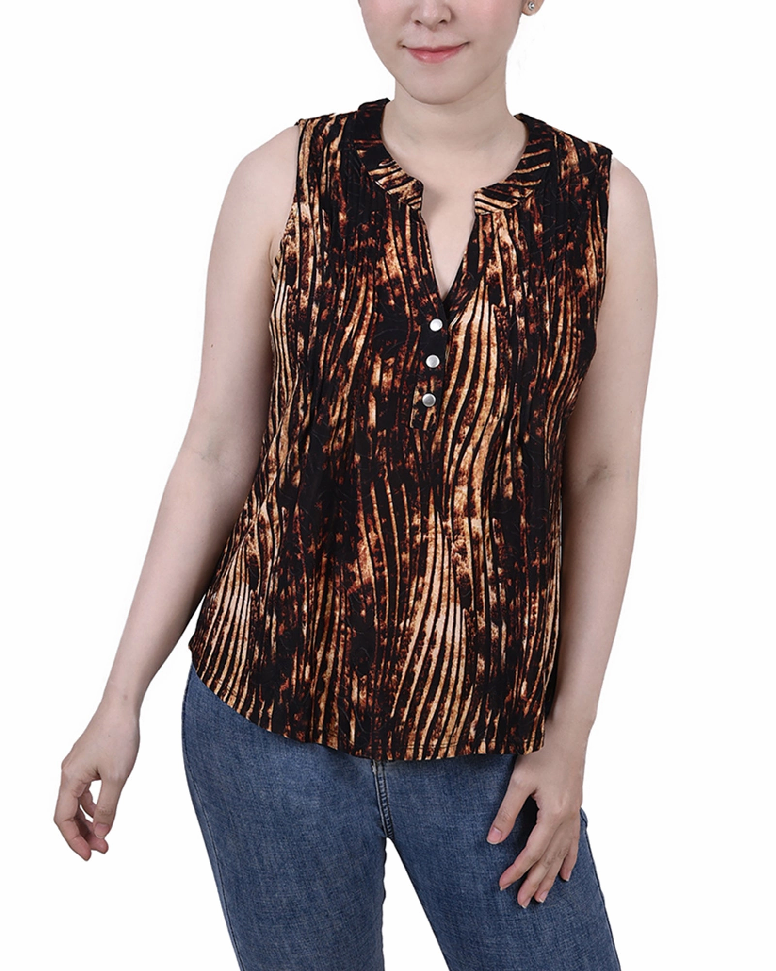 MultiPanel Design Petite Sleeveless Jacquard Y Neck Top