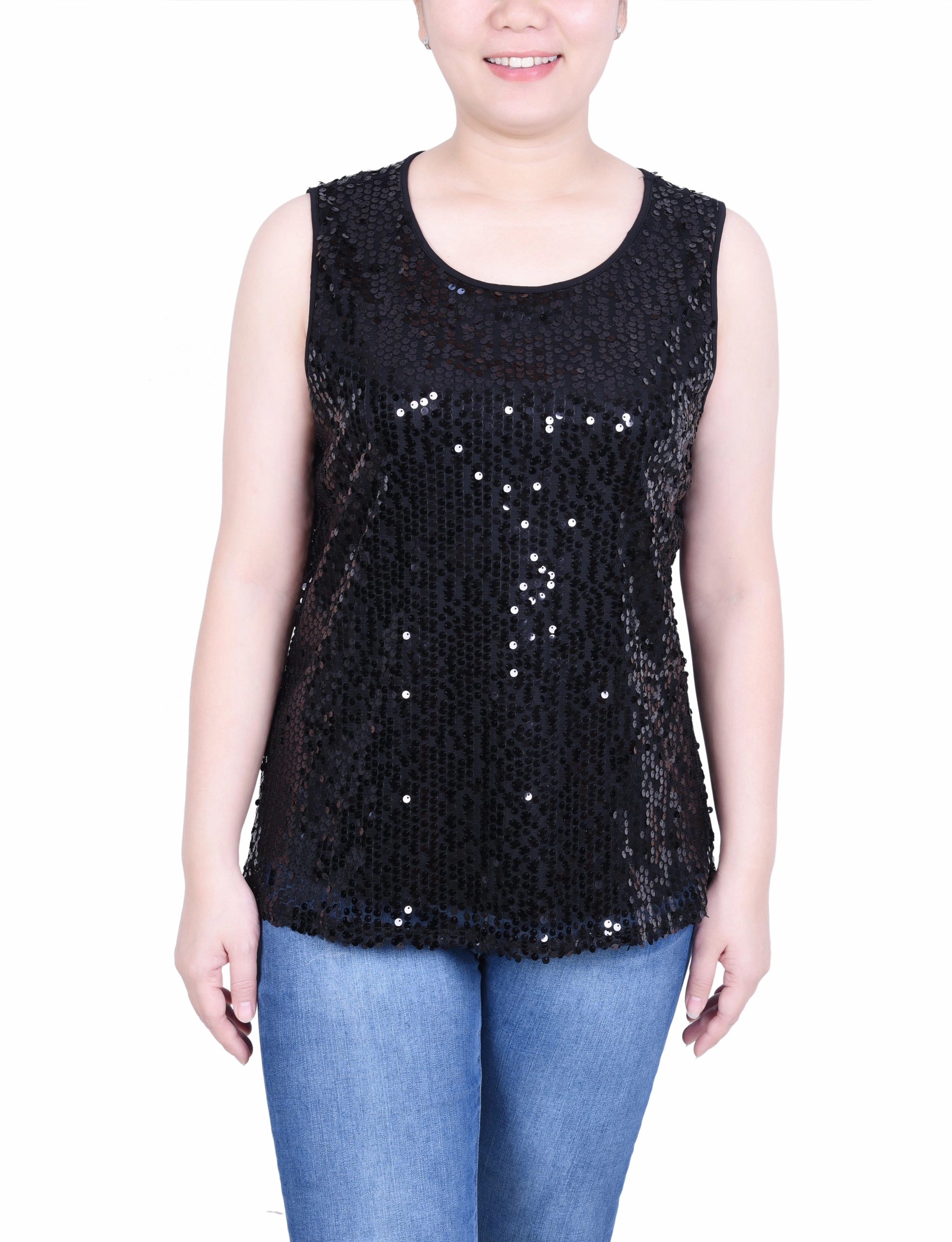Flexible Knit Blend Petite Sleeveless Sequined Tank Top With Combo Banding