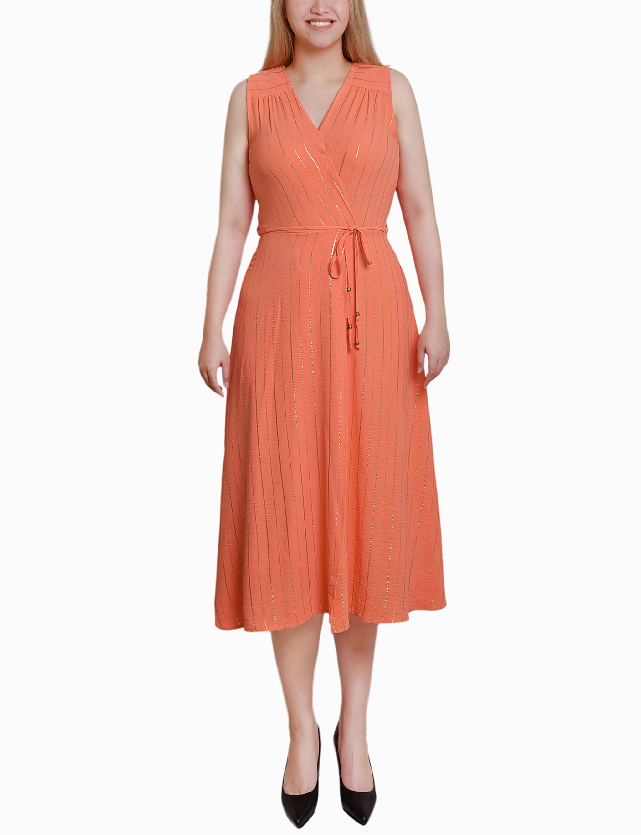 Calm Grace Petite Sleeveless Surplice Vertical Stripe Dress