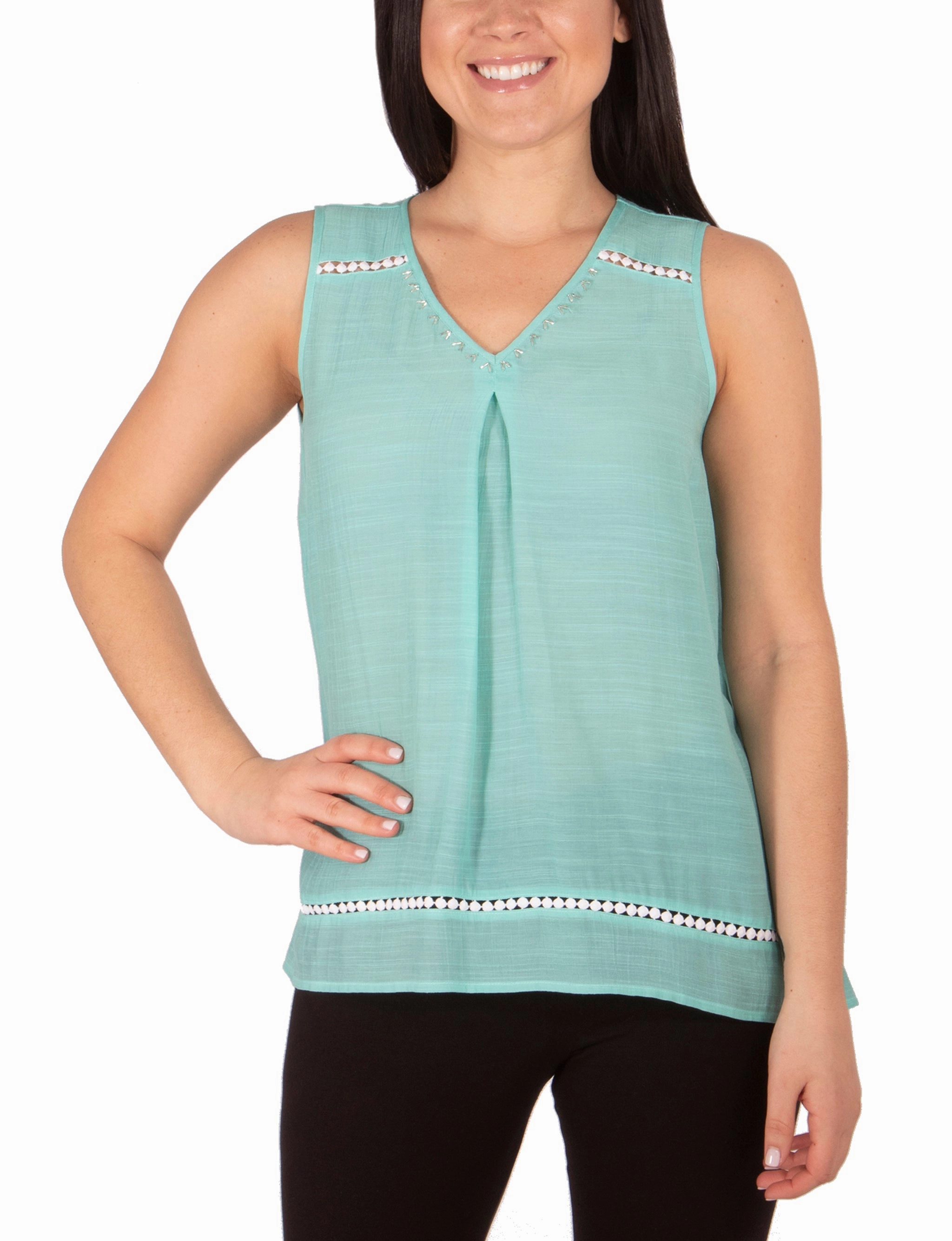 Petite Sleeveless V Neck Blouse With Beads And Trim Stain Repellent Coating ReinforcedHem