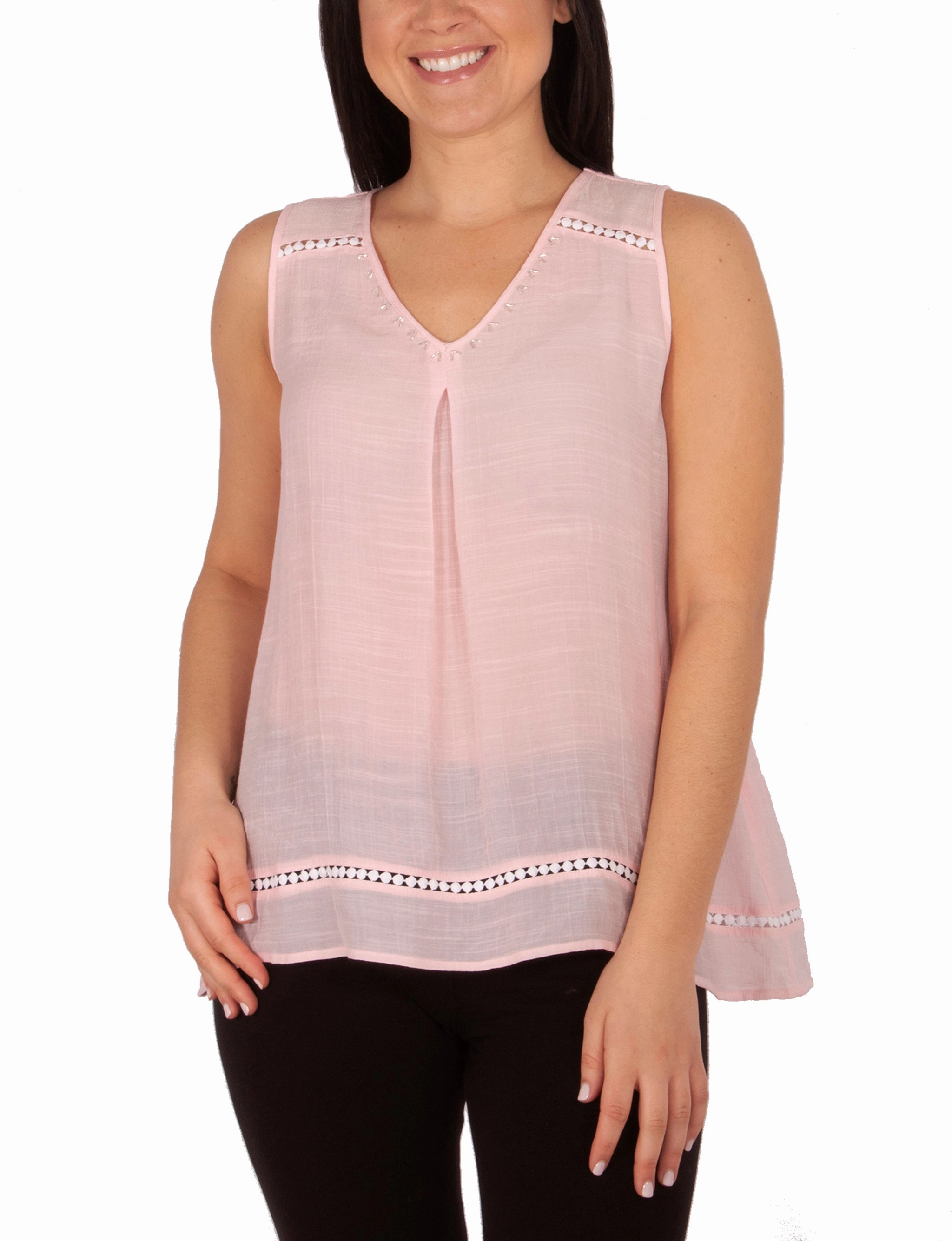 Tapered Side Panels Adaptive Temperature Control Petite Sleeveless V Neck Blouse With Beads And Trim