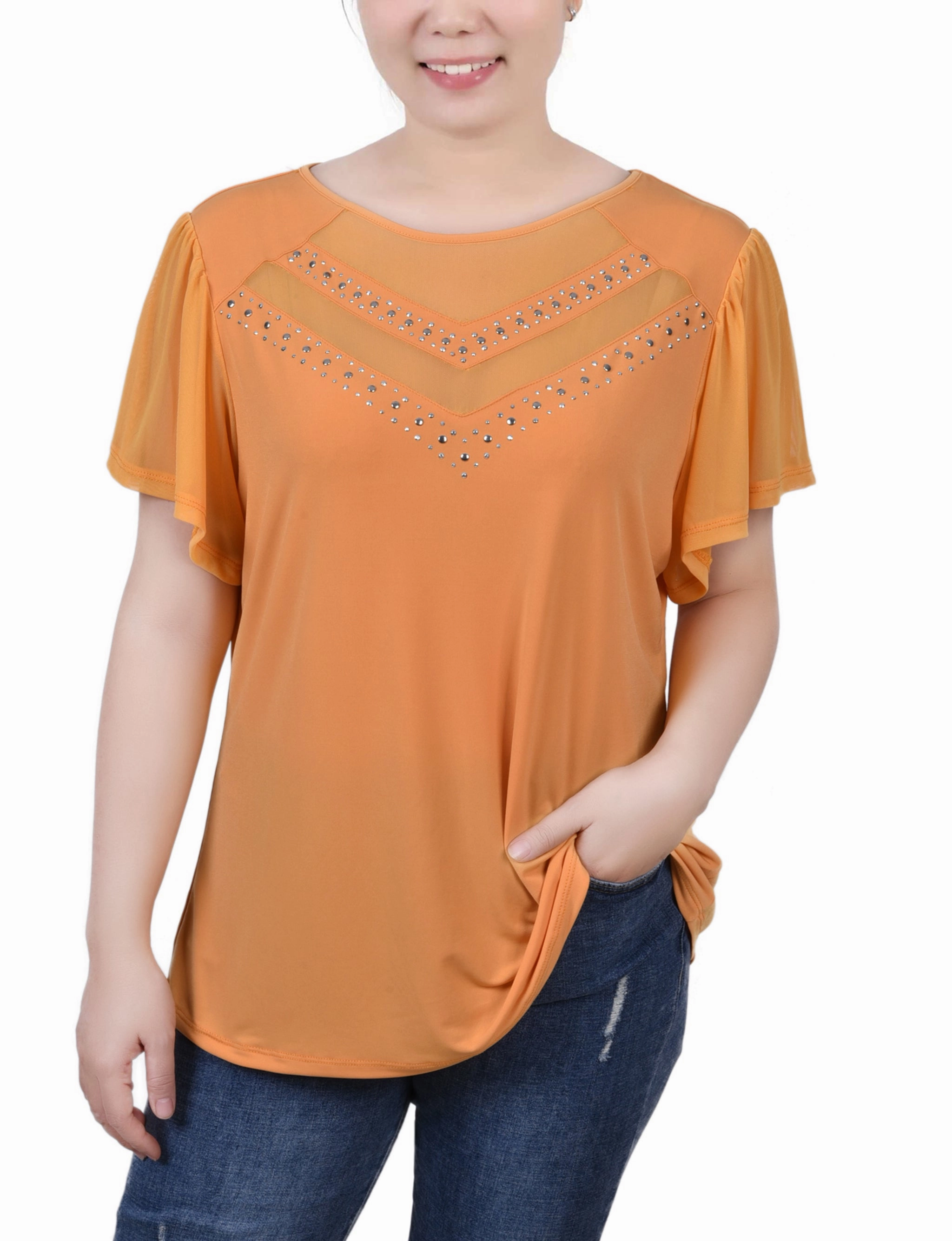 Petite Studded Short Flutter Sleeve Top With Mesh Details Eco Friendly Dye Tagless Labeling