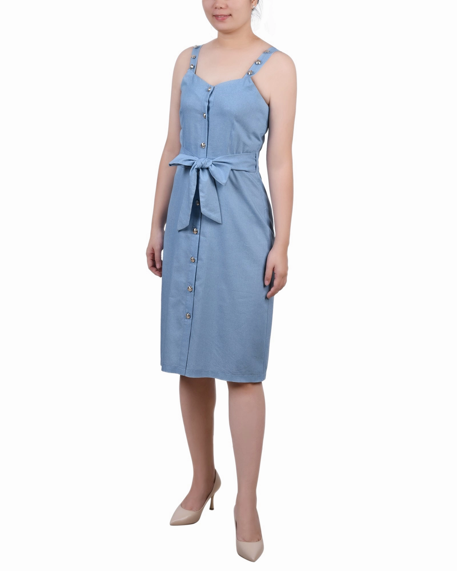 Boho Mood Fresh Energy Petite Sweetheart Neck Chambray Sundress