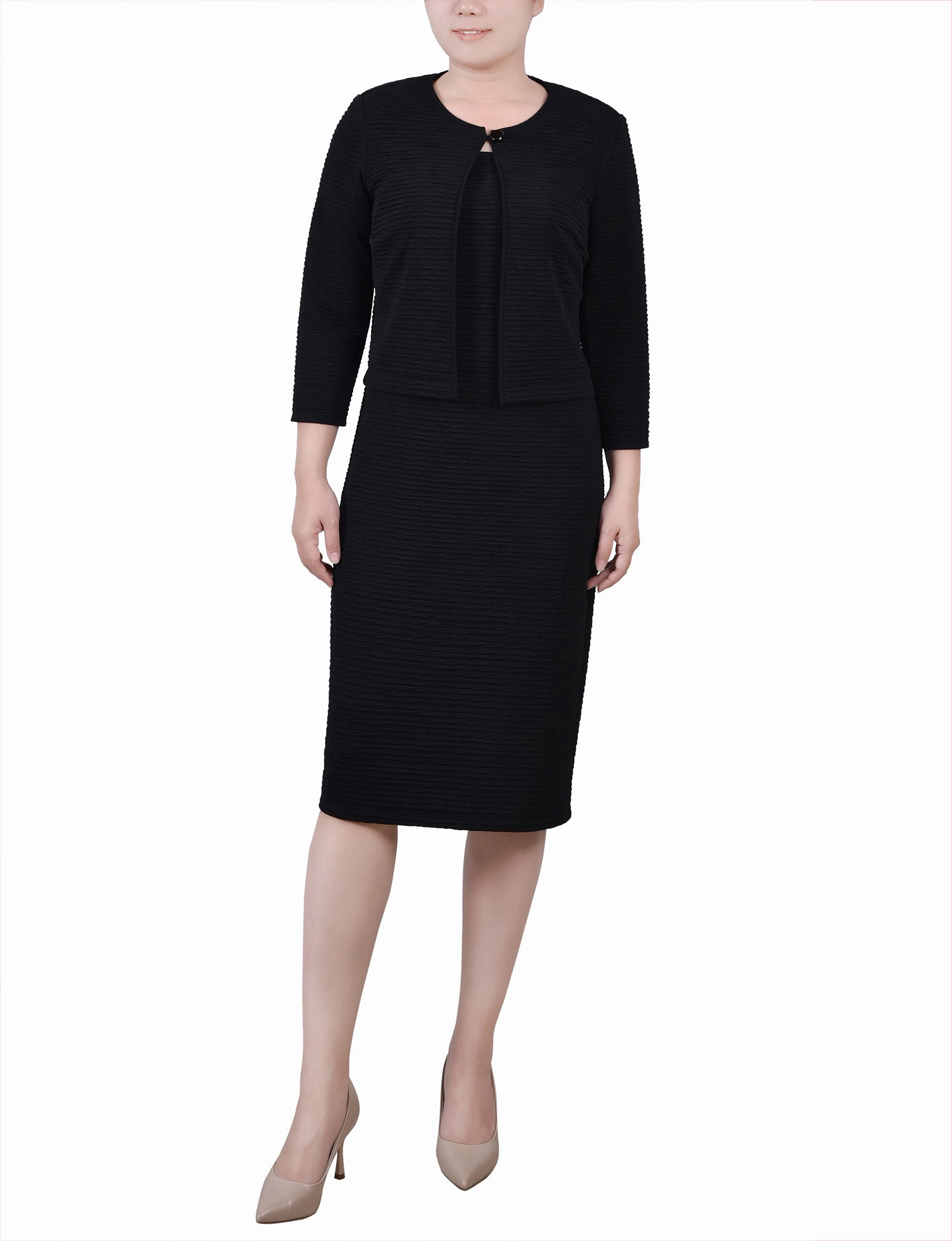 Petite Textured 3/4 Sleeve 2 Piece Dress Set travel mode Versatile Style Wear