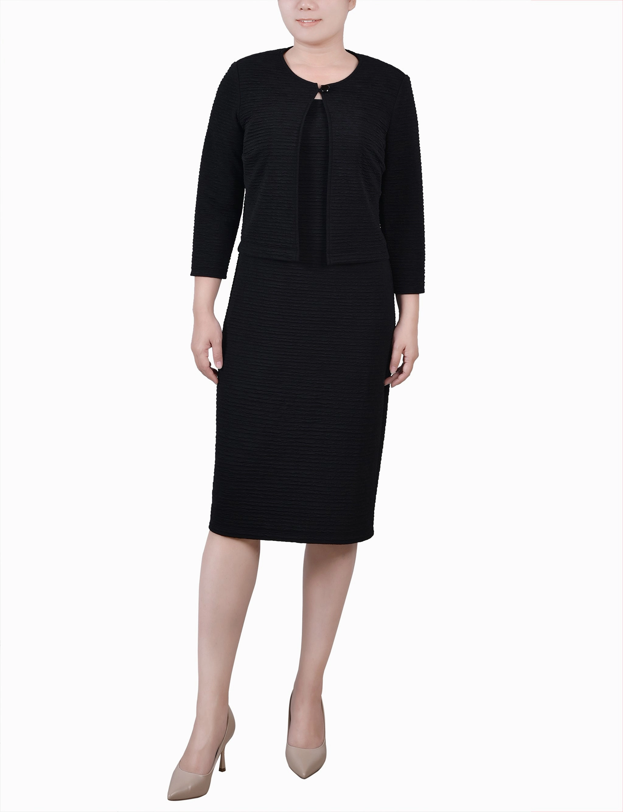 Fall Inspired Shiny-Lining Petite Textured 3/4 Sleeve 2 Piece Dress Set