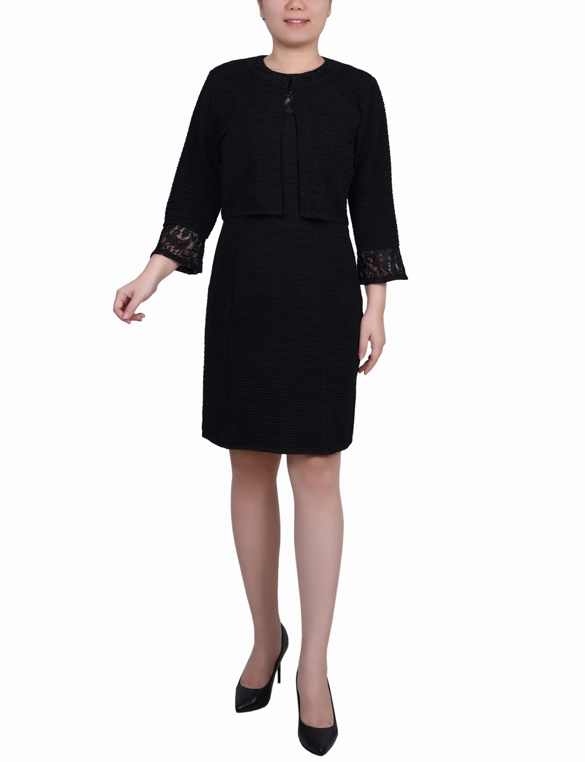 Modest Look Petite Two Piece Novelty Knit and Lace Dress Set