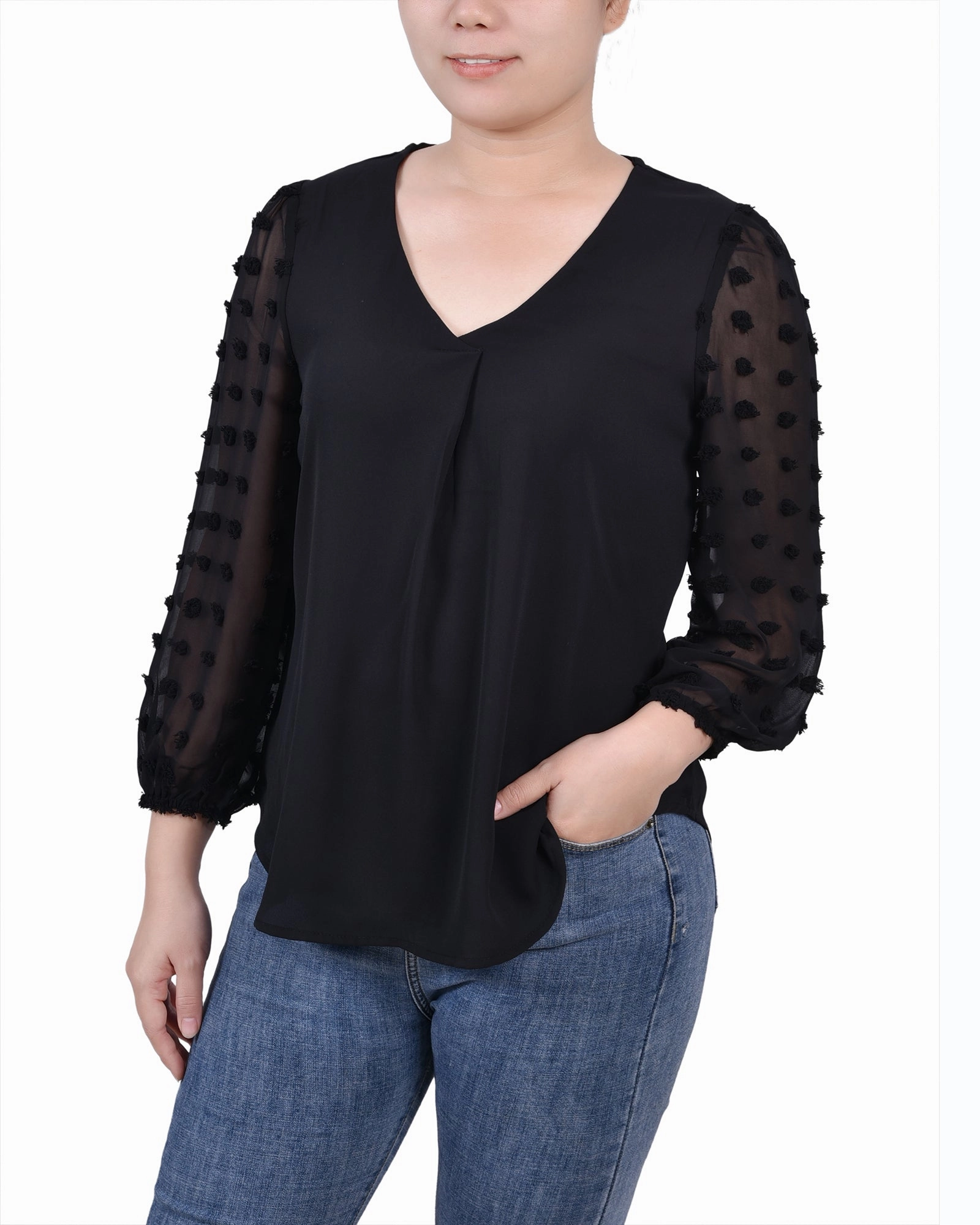 Petite V Neck Blouse With 3/4 Jacquard Chiffon Sleeves AntiStaticFinish