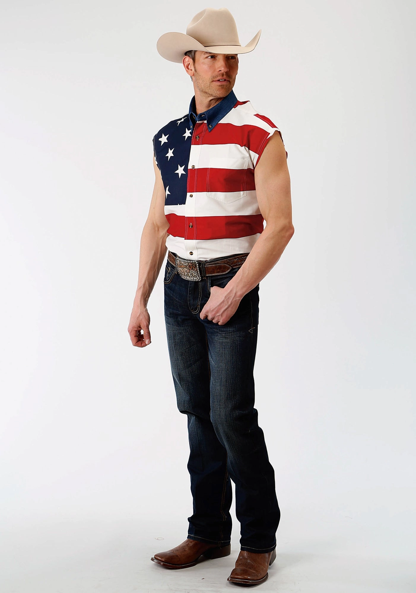 Thermoregulating Layer Roper Mens Multi-Color 100% Cotton American Flag BD S/L Patriotic Shirt