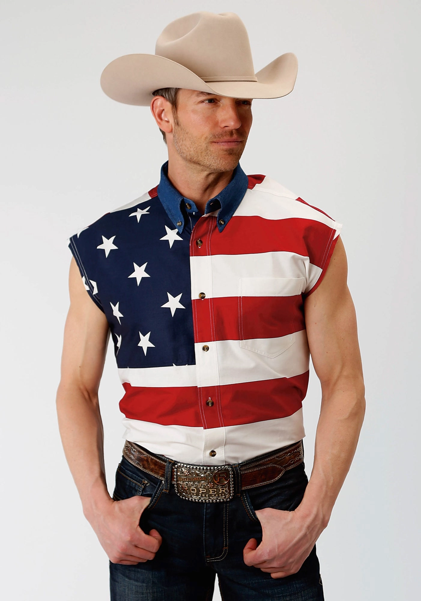 Roper Mens Multi-Color 100% Cotton American Flag BD S/L Patriotic Shirt High-Quality Fabric