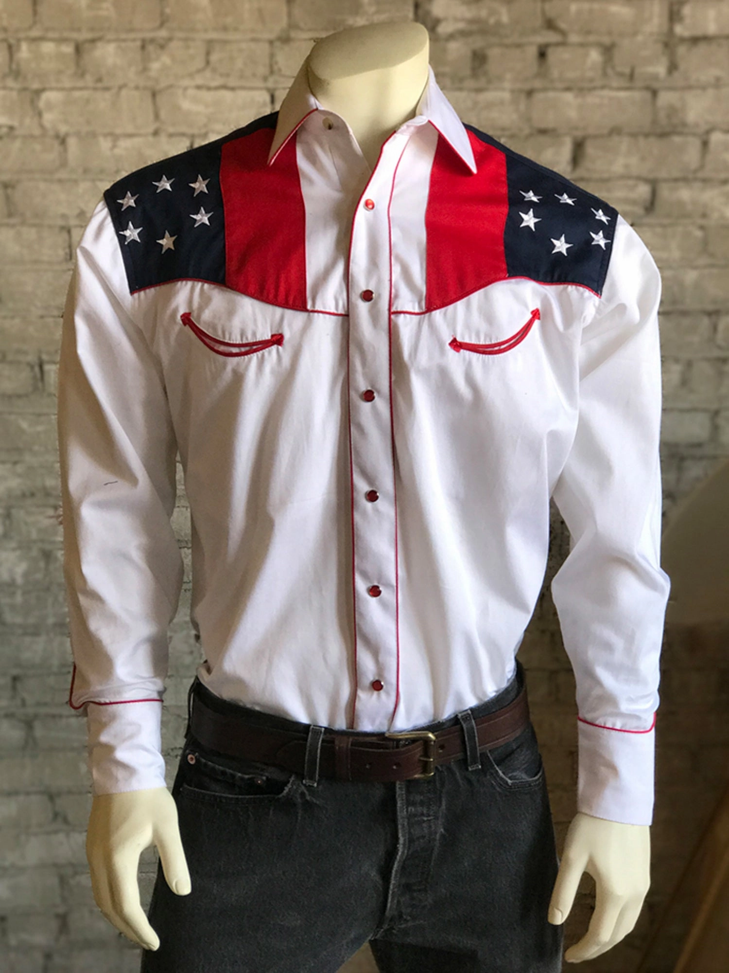 Handcrafted Detail Rockmount Mens Red/White 100% Cotton US Flag & Eagle Western L/S Shirt