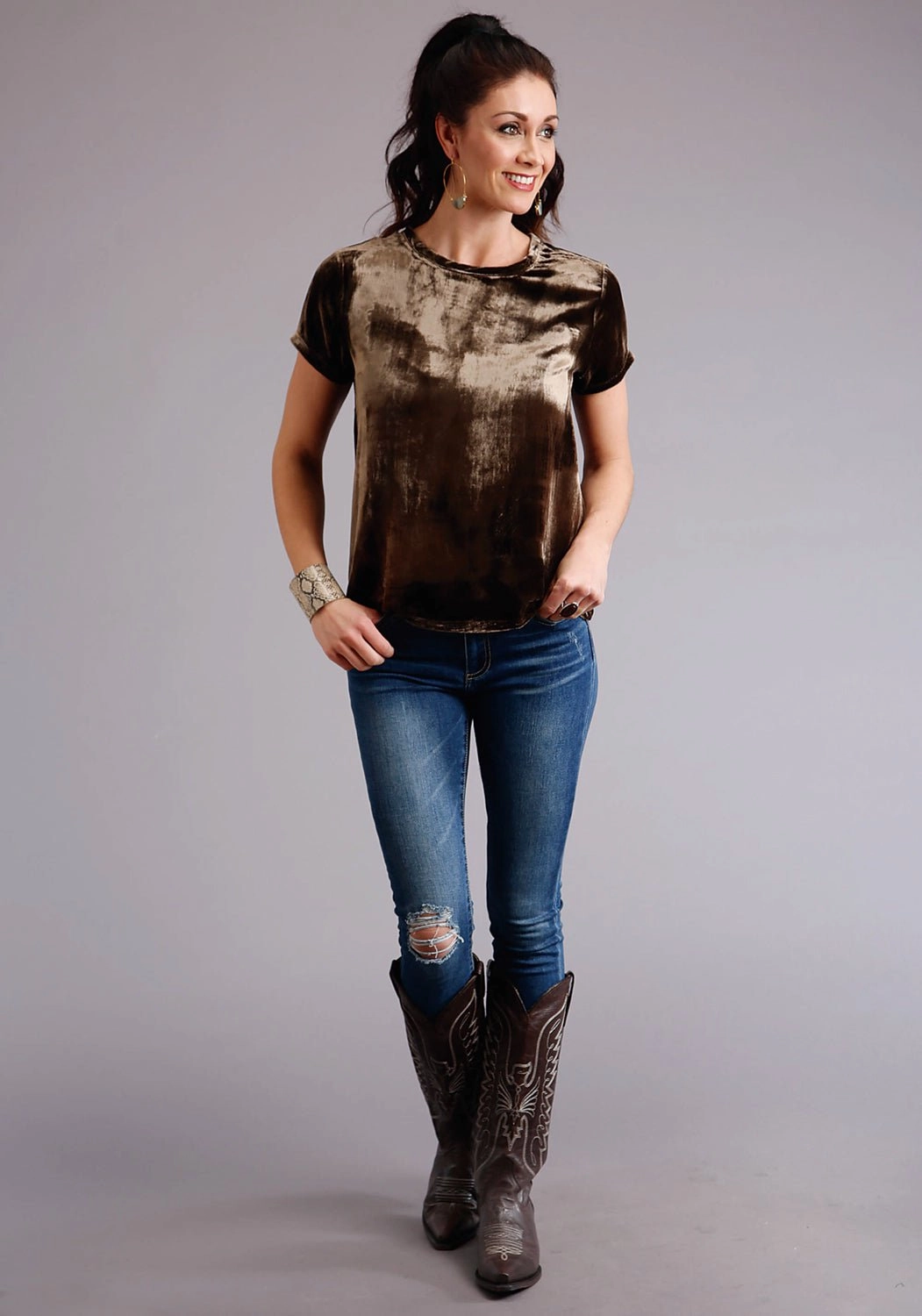 Team Building Sweat-Absorbing Stetson Womens Chocolate Rayon Bronze Velvet S/S T-Shirt