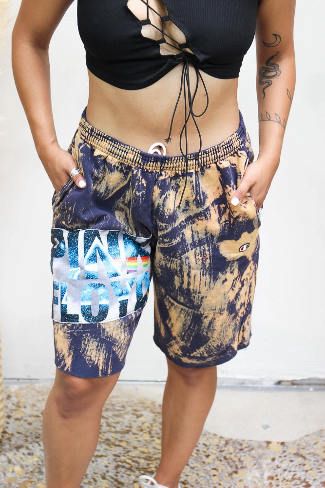 Pink Floyd Acid Wash Sweat Shorts Stretchable Cuff