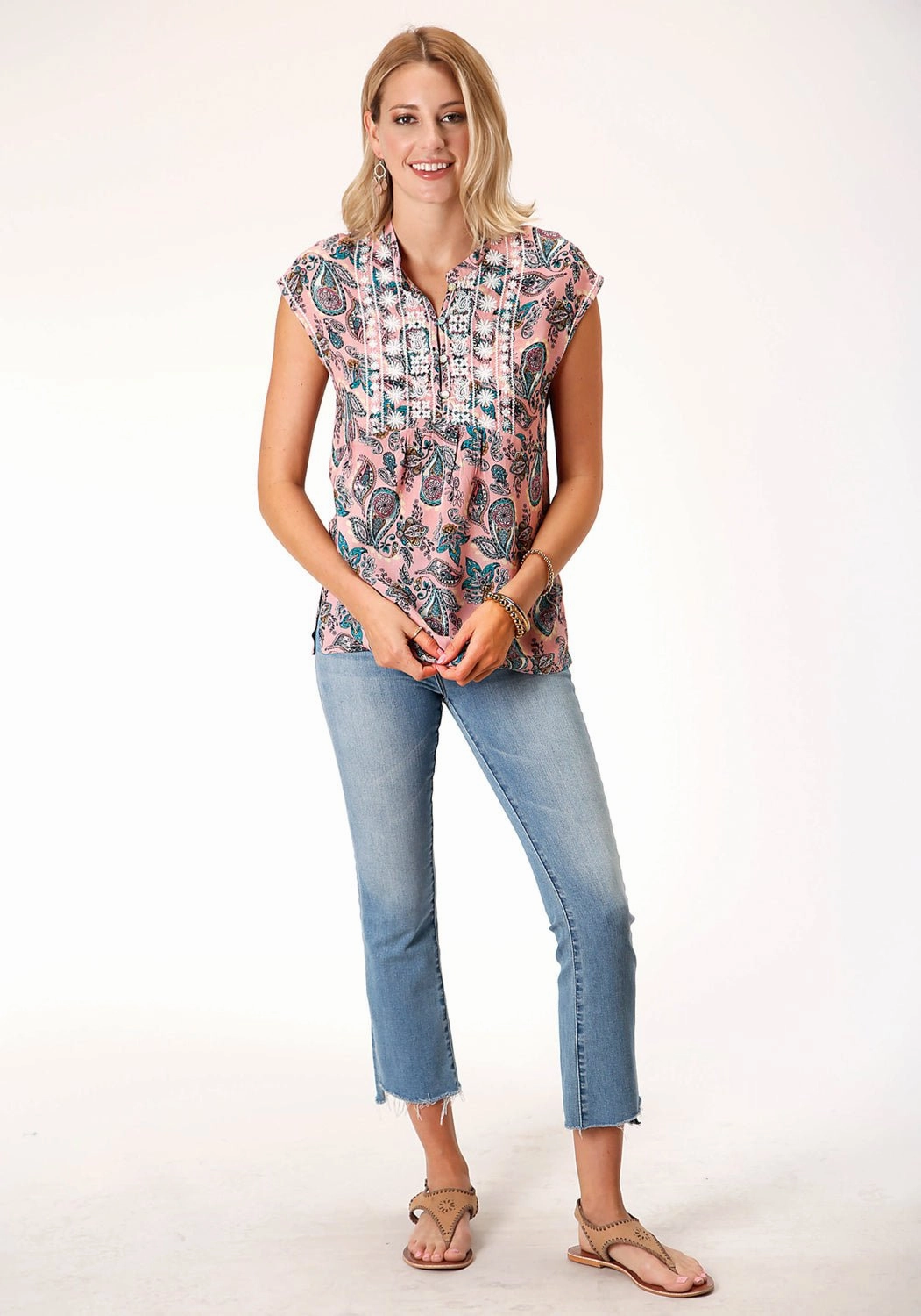 Timeless Piece Roper Womens Pink Rayon/Nylon Paisley S/S Blouse