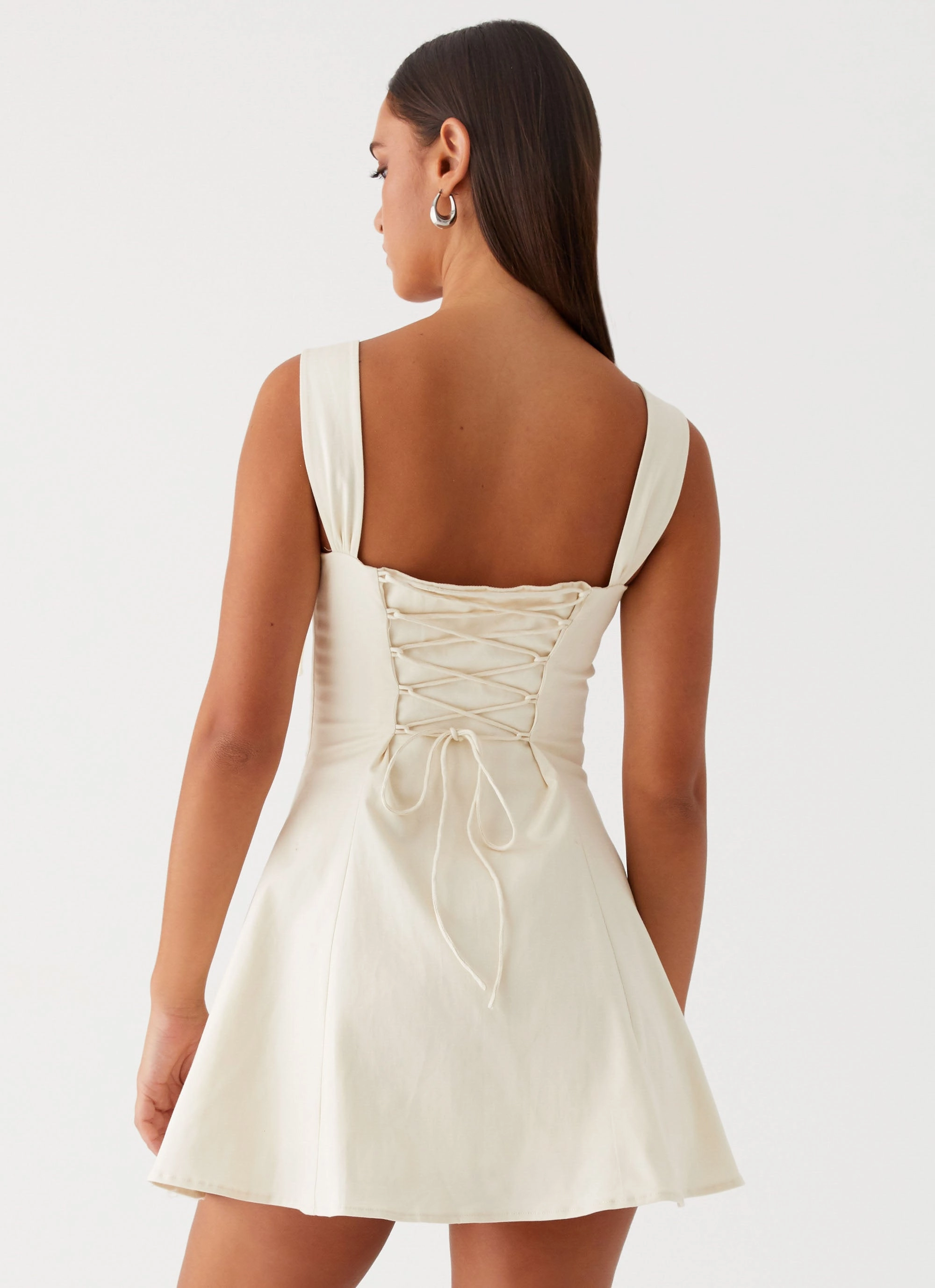 Jamaya Tie Mini Dress - Ivory Crinkle Effect Zip-Closure