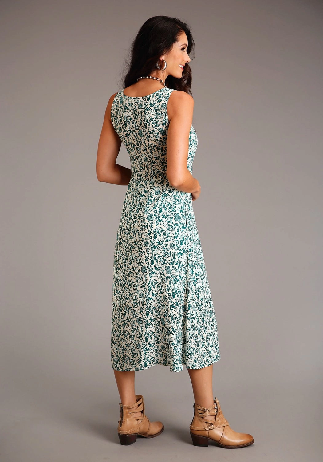 Contemporary Fit WaterRepellentCoating Stetson Womens Floral Jade Green Rayon/Nylon S/L Dress