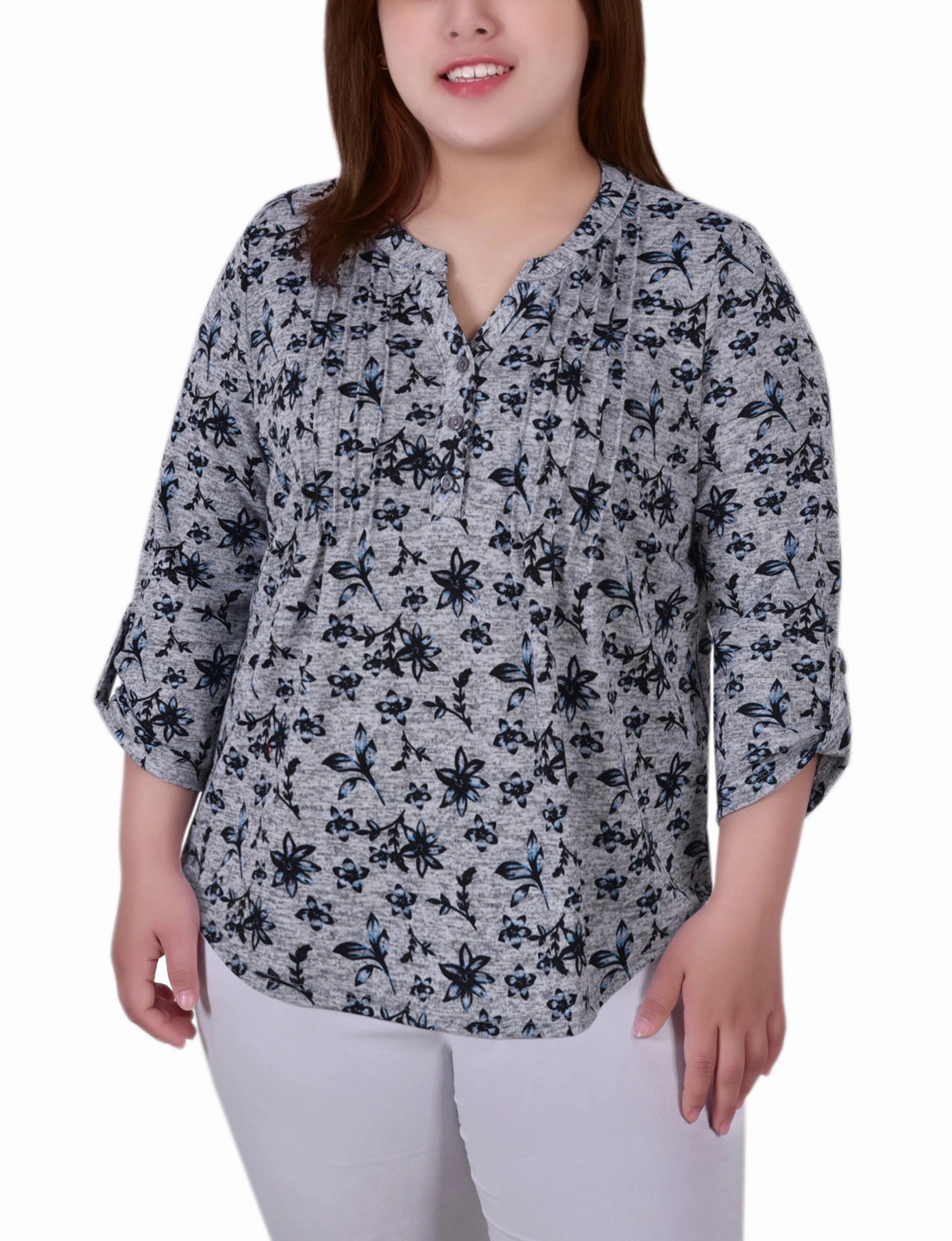 Quick Release Buttons AllDayComfort Plus Size 3/4 Roll Sleeve Top