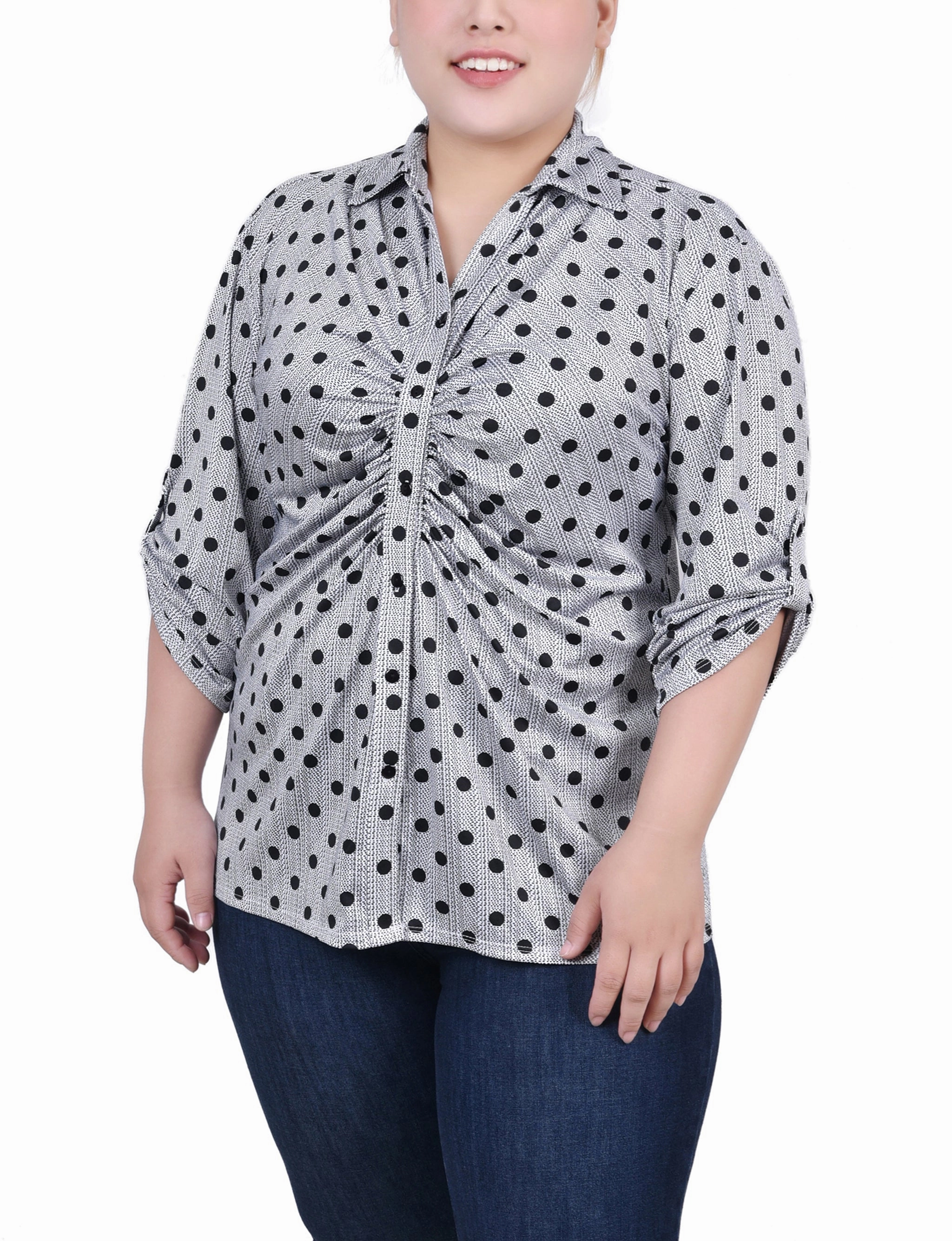 Plus Size 3/4 Roll Tab Rouched-Front Top Bold Design