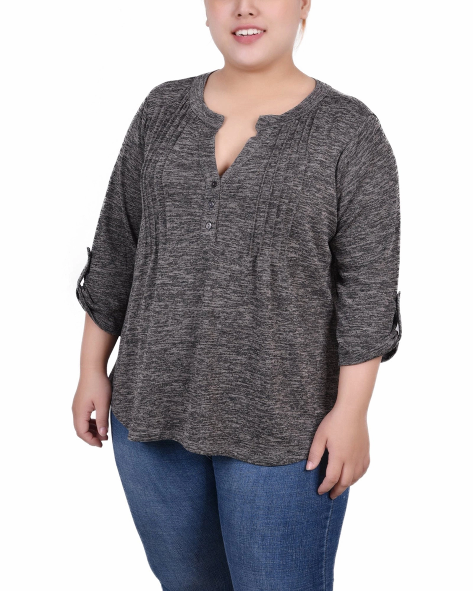 Plus Size 3/4 Roll Tab Sleeve Y Neck Top Ankle-length