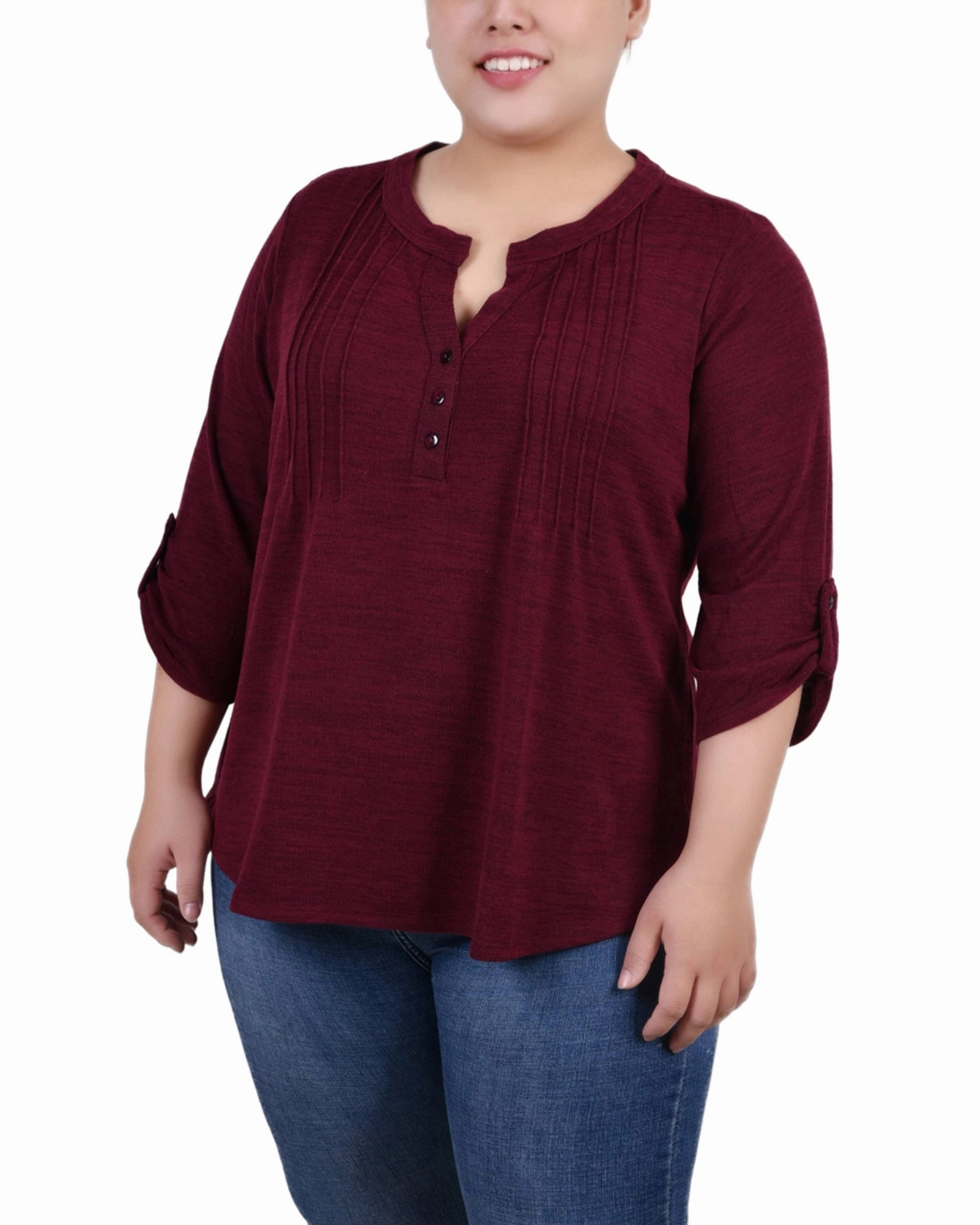 Plus Size 3/4 Roll Tab Sleeve Y Neck Top MicrofiberBlend