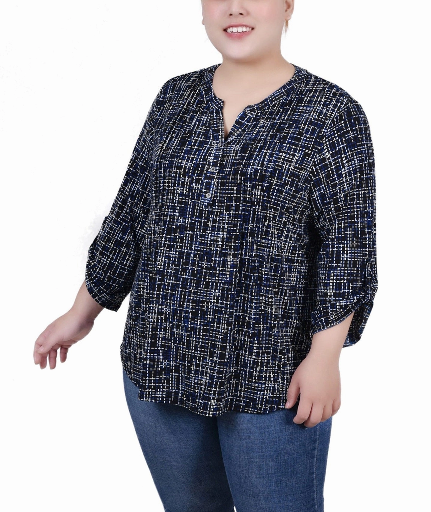 NonRestrictive Armholes Adaptive Fit Technology Plus Size 3/4 Roll Tab Sleeve Y Neck Top