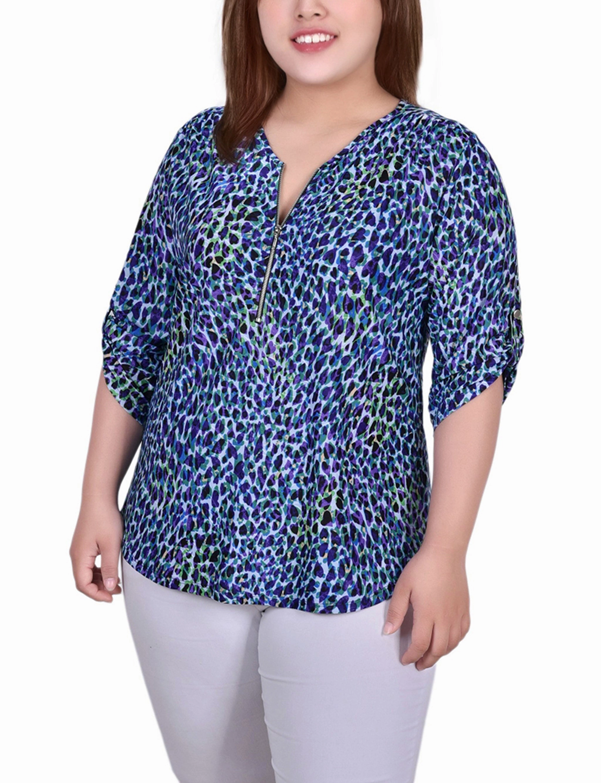 Plus Size 3/4 Roll Tab Zip Front Jacquard Knit Top Relaxed Layer