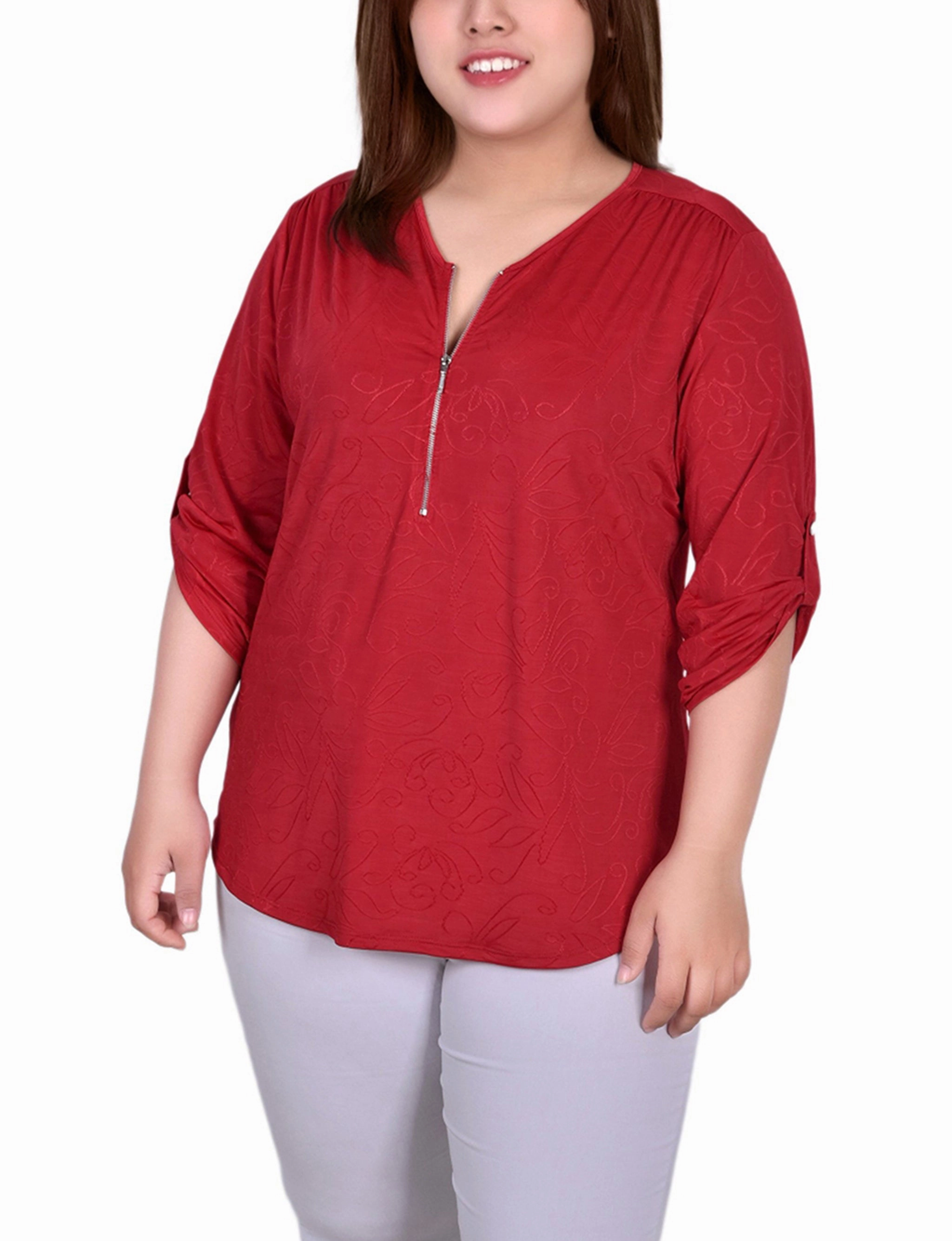 LongLastingDurability Plus Size 3/4 Roll Tab Zip Front Jacquard Knit Top