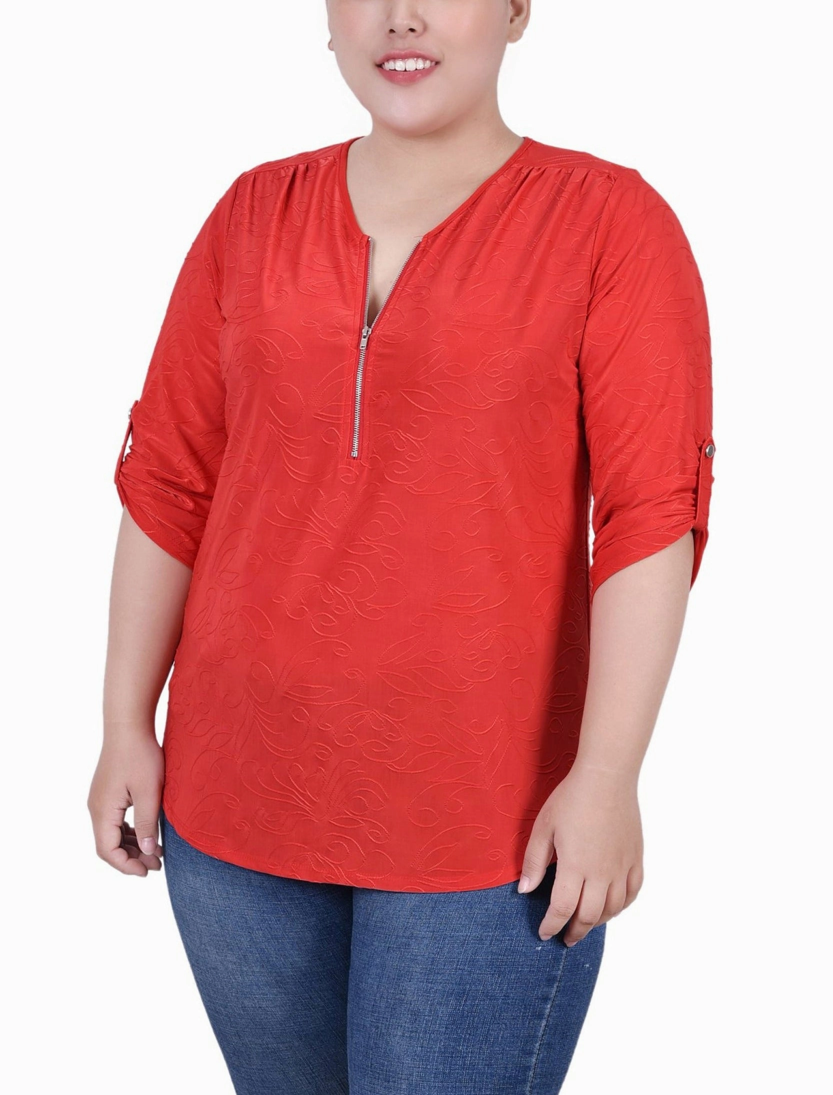 Plus Size 3/4 Roll Tab Zip Front Jacquard Knit Top QuickPackFoldableDesign NonChafingEdges