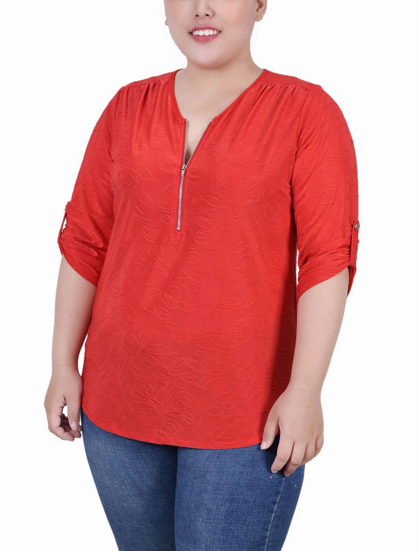 Plus Size 3/4 Roll Tab Zip Front Jacquard Knit Top VentedBack