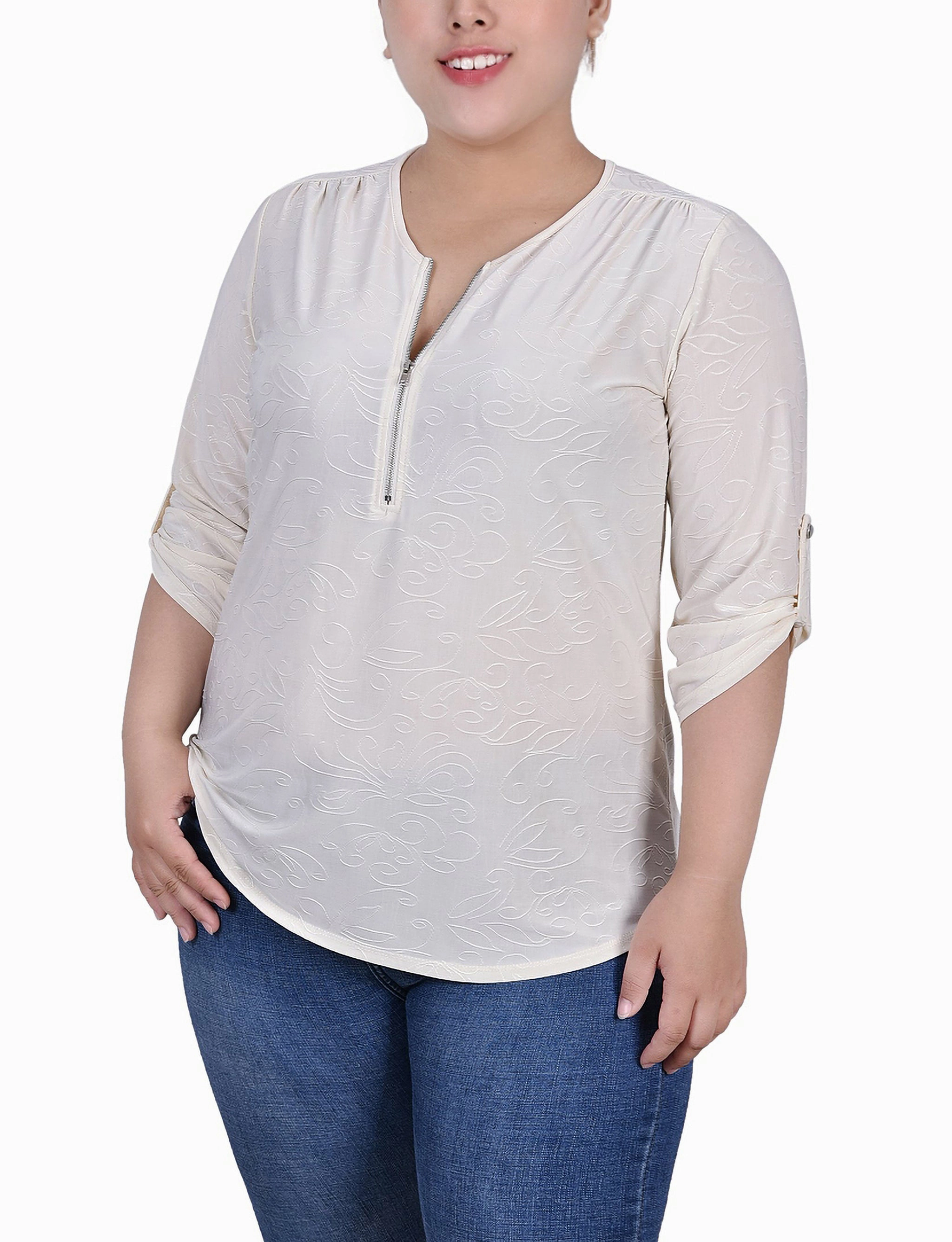 BambooBlend Plus Size 3/4 Roll Tab Zip Front Jacquard Knit Top