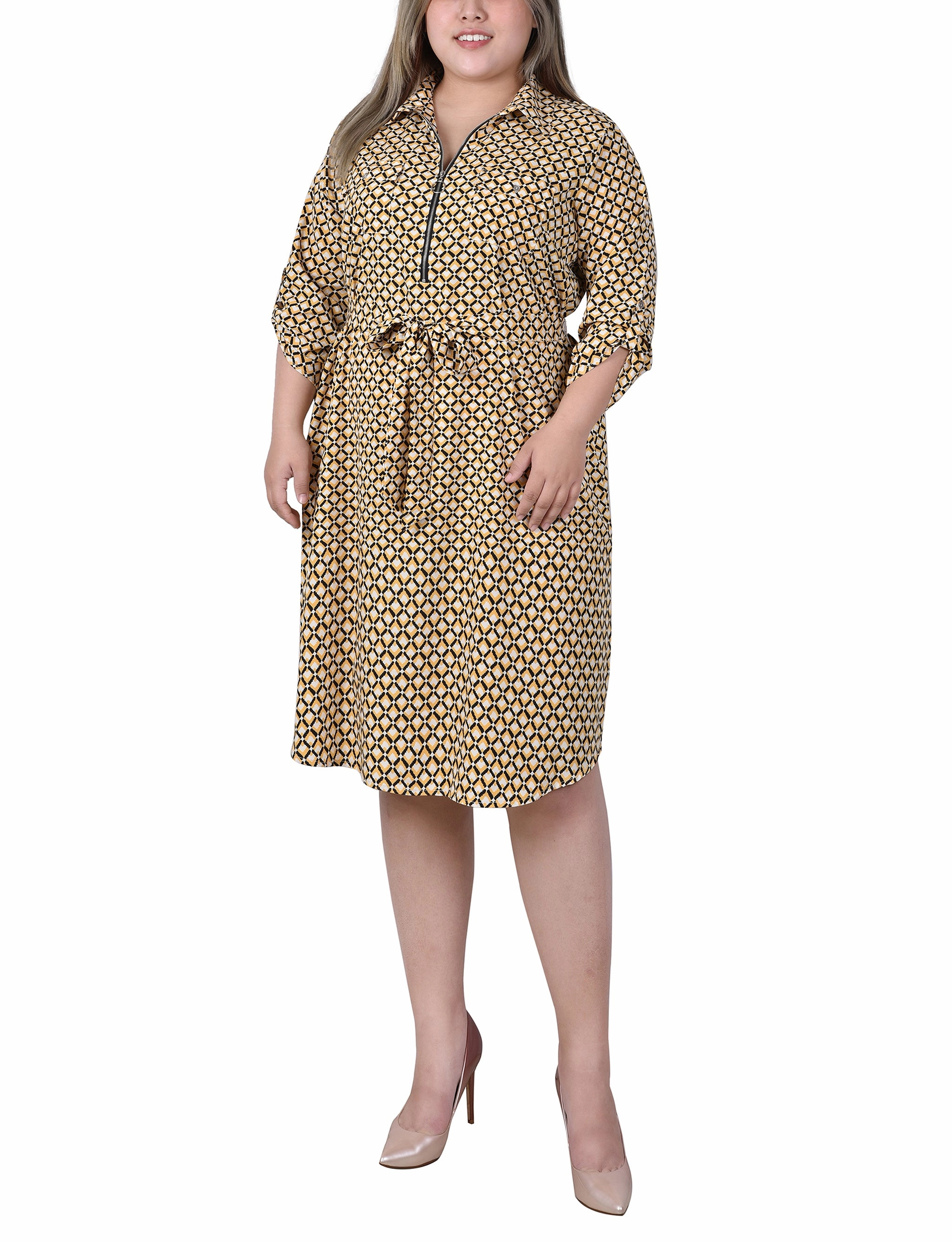 Figure-Skimming Sophisticated Comfort Plus Size 3/4 Roll Tab Zip Front Shirtdress