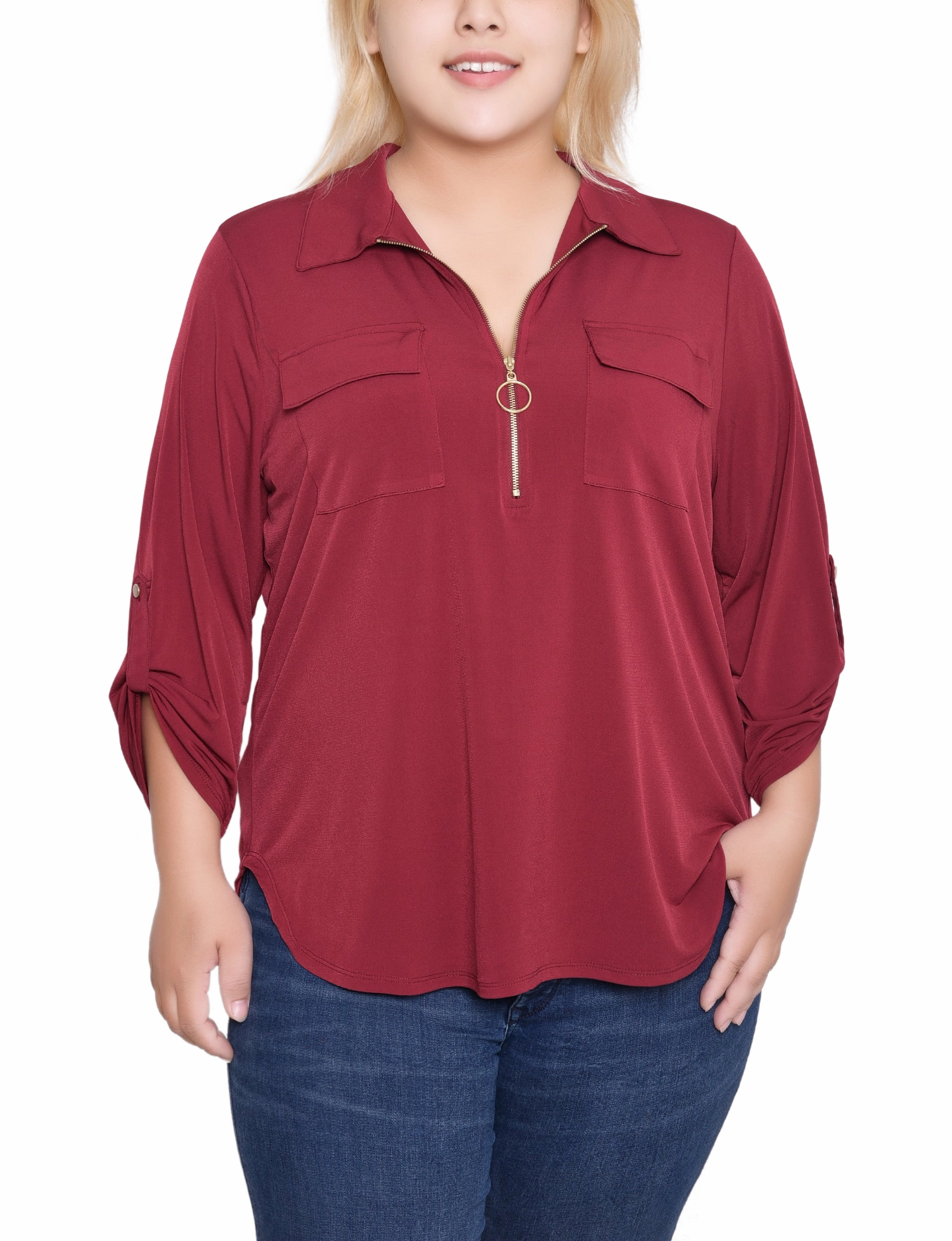 Plus Size 3/4 Roll Tab Zip Front Top Quick Dry Blend