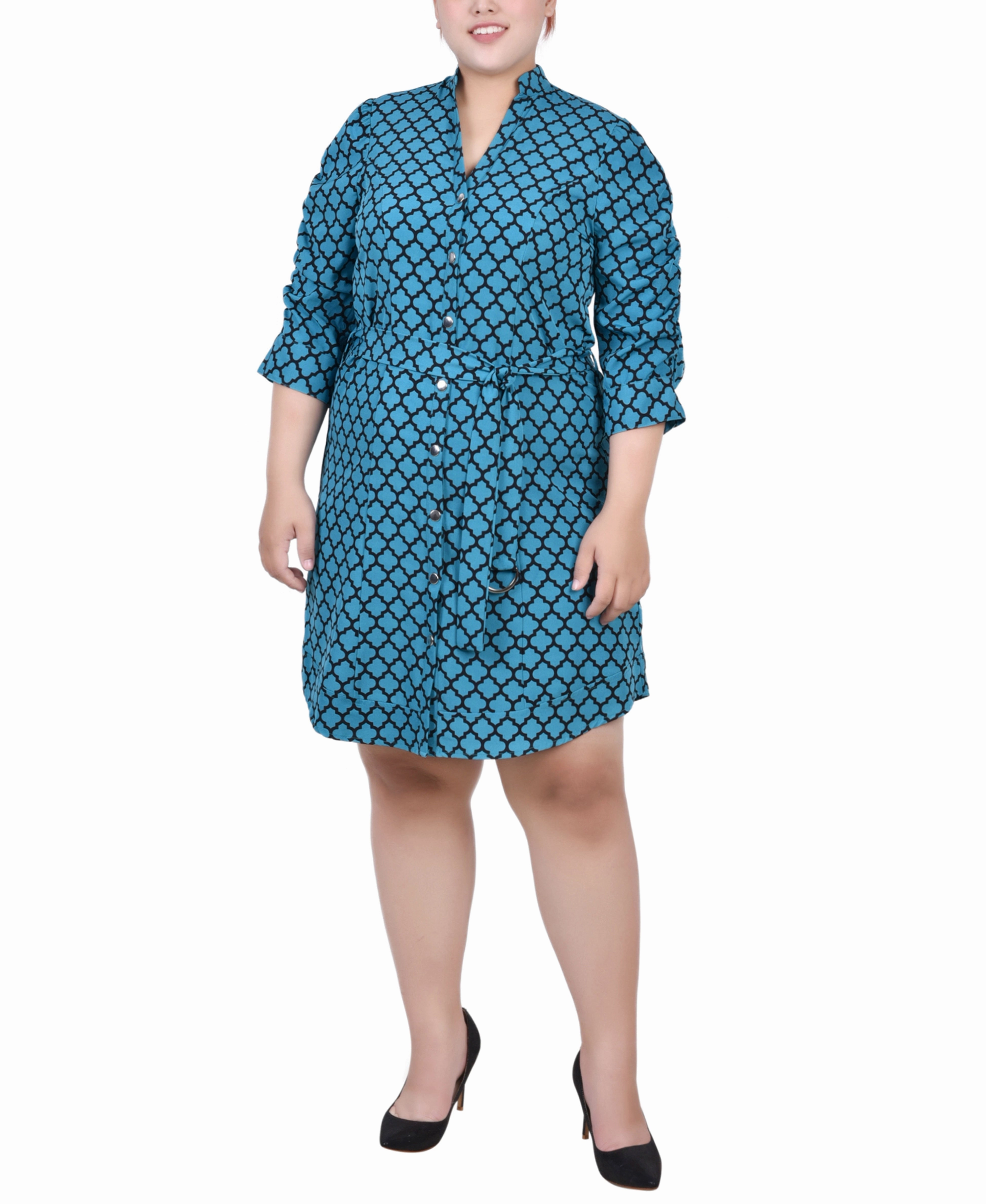 Soft Curve Plus Size 3/4 Rouched Sleeve Dress With Belt